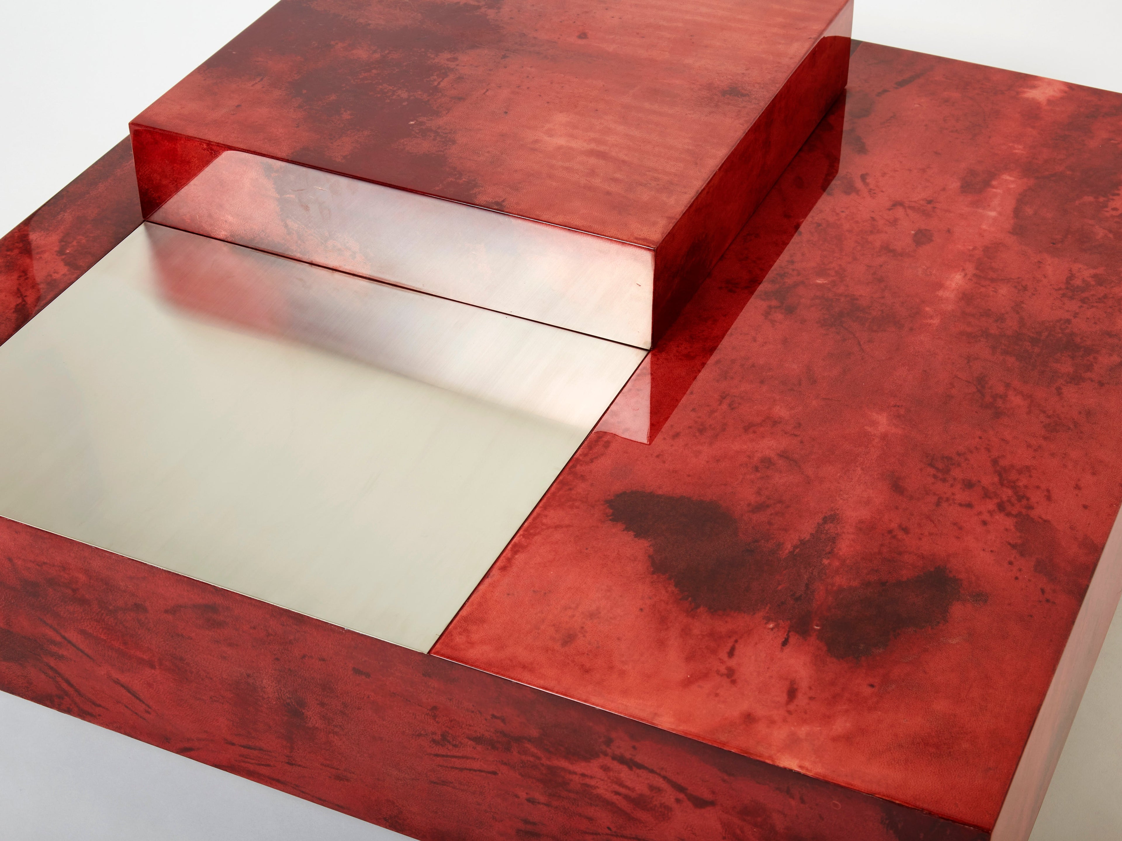 Aldo Tura red goatskin parchment steel bar coffee table 1960