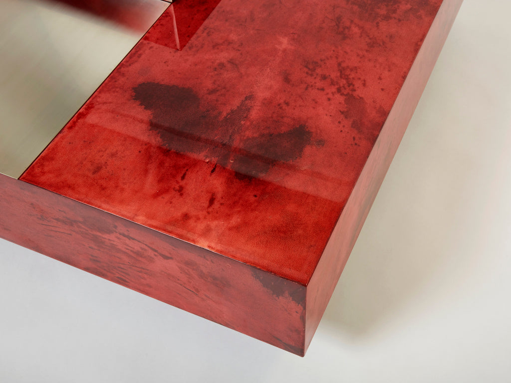 Aldo Tura red goatskin parchment steel bar coffee table 1960