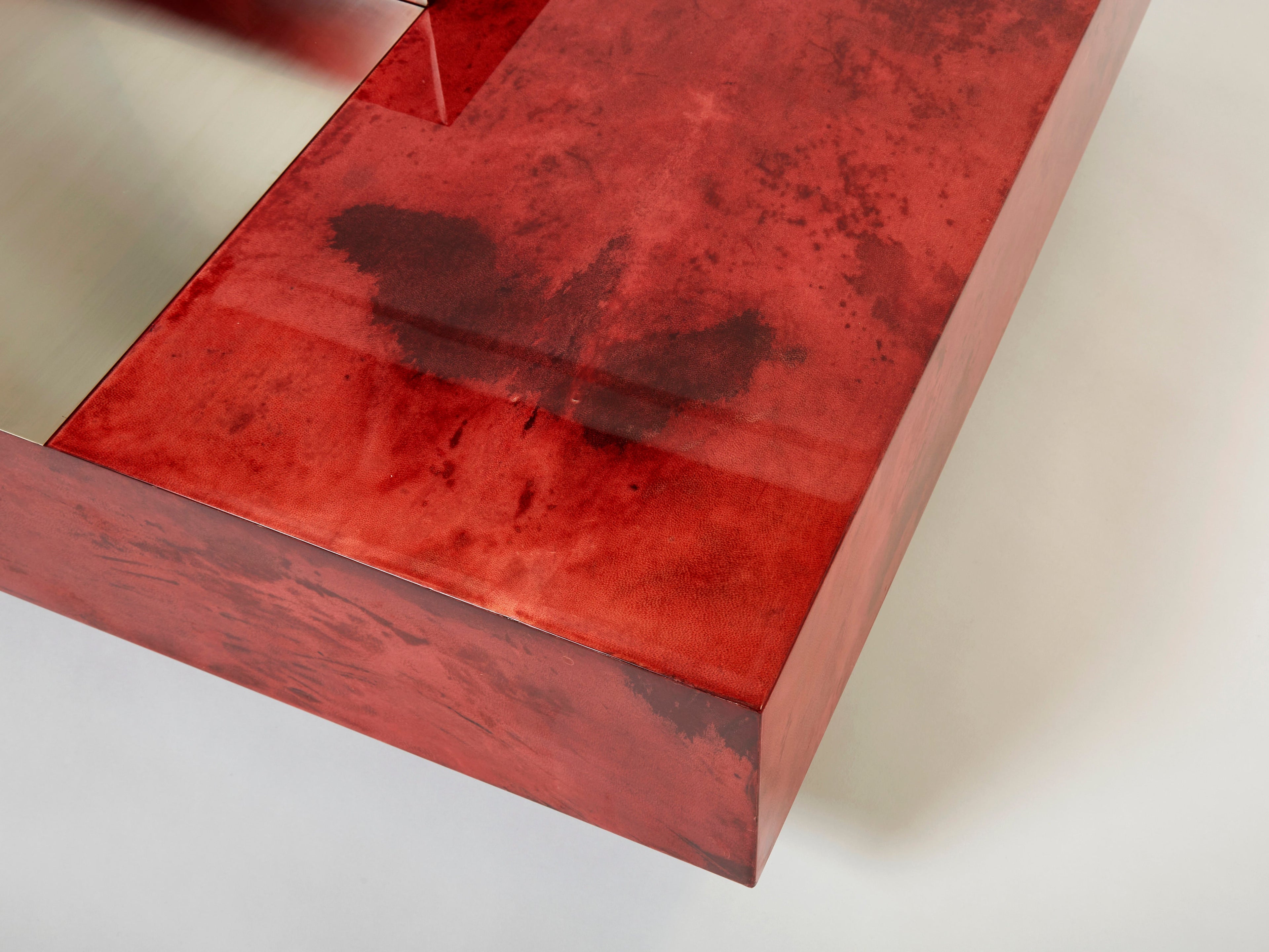 Aldo Tura red goatskin parchment steel bar coffee table 1960
