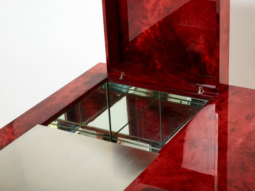 Aldo Tura red goatskin parchment steel bar coffee table 1960