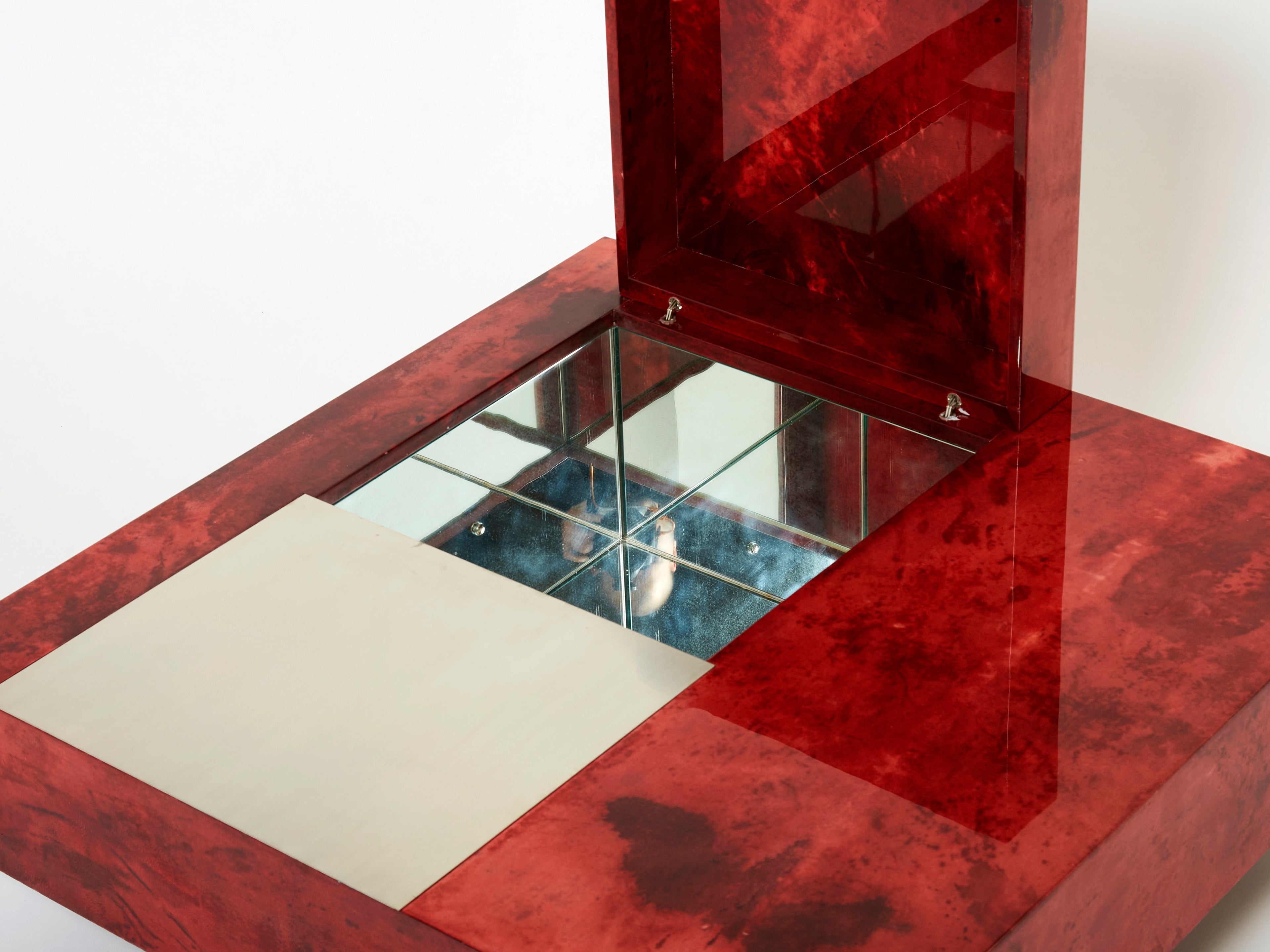 Aldo Tura red goatskin parchment steel bar coffee table 1960