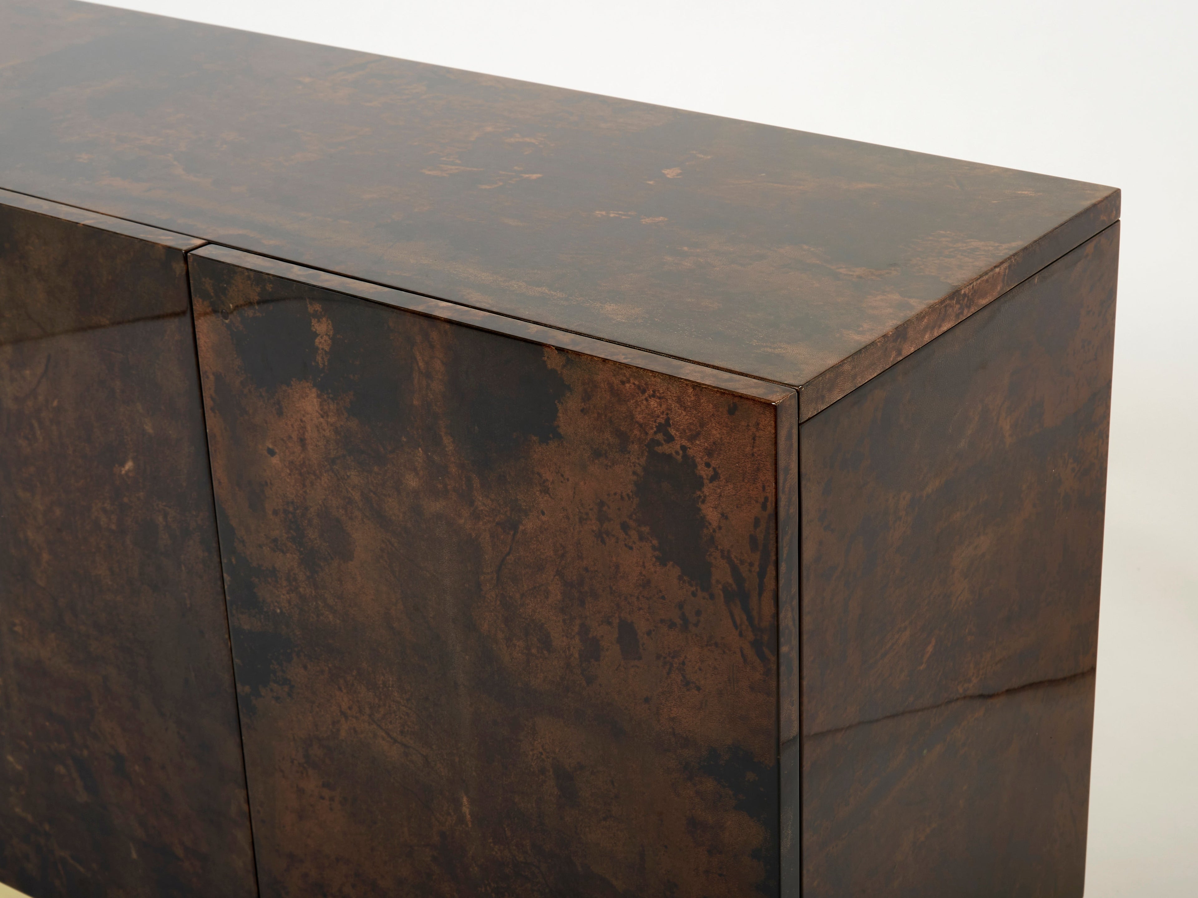 Aldo Tura brown goatskin parchment brass sideboard 1960s