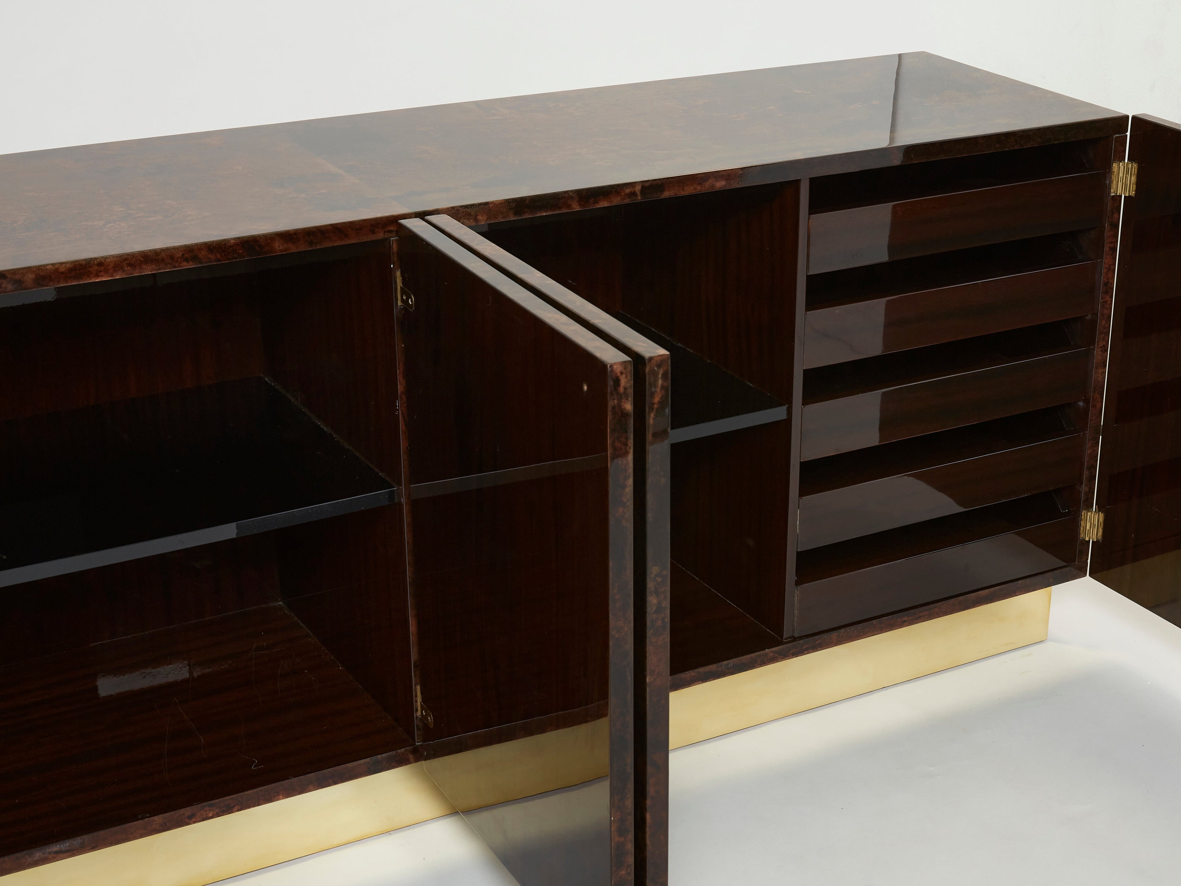 Aldo Tura brown goatskin parchment brass sideboard 1960s
