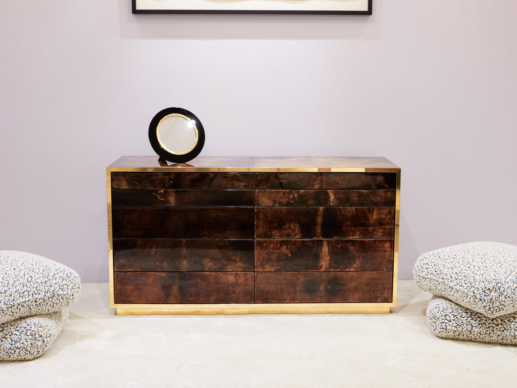 Aldo Tura brown goatskin parchment brass commode 1960s