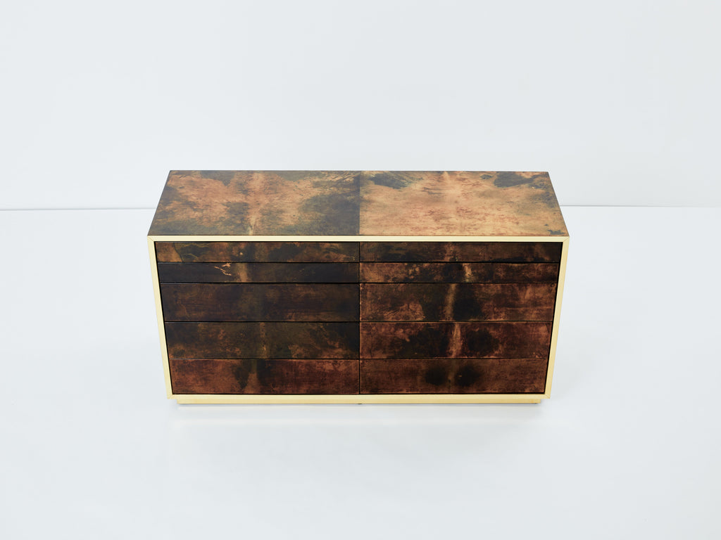 Aldo Tura brown goatskin parchment brass commode 1960s