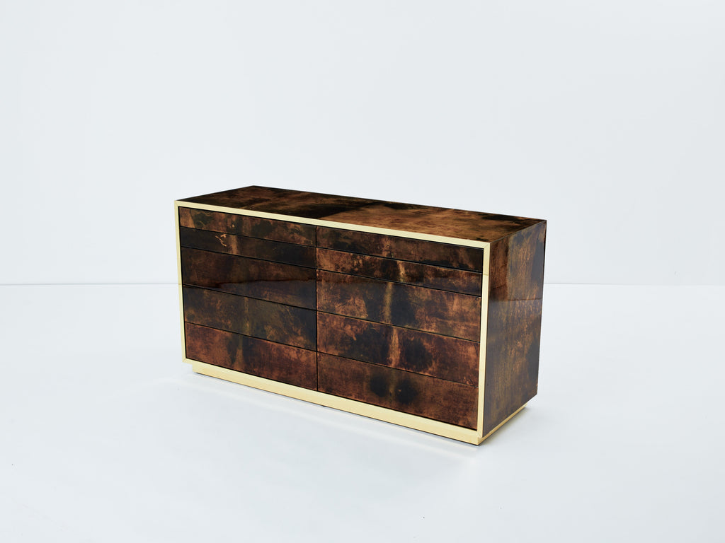 Aldo Tura brown goatskin parchment brass commode 1960s