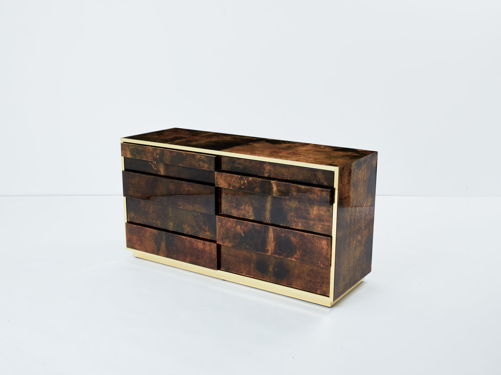 Aldo Tura brown goatskin parchment brass commode 1960s