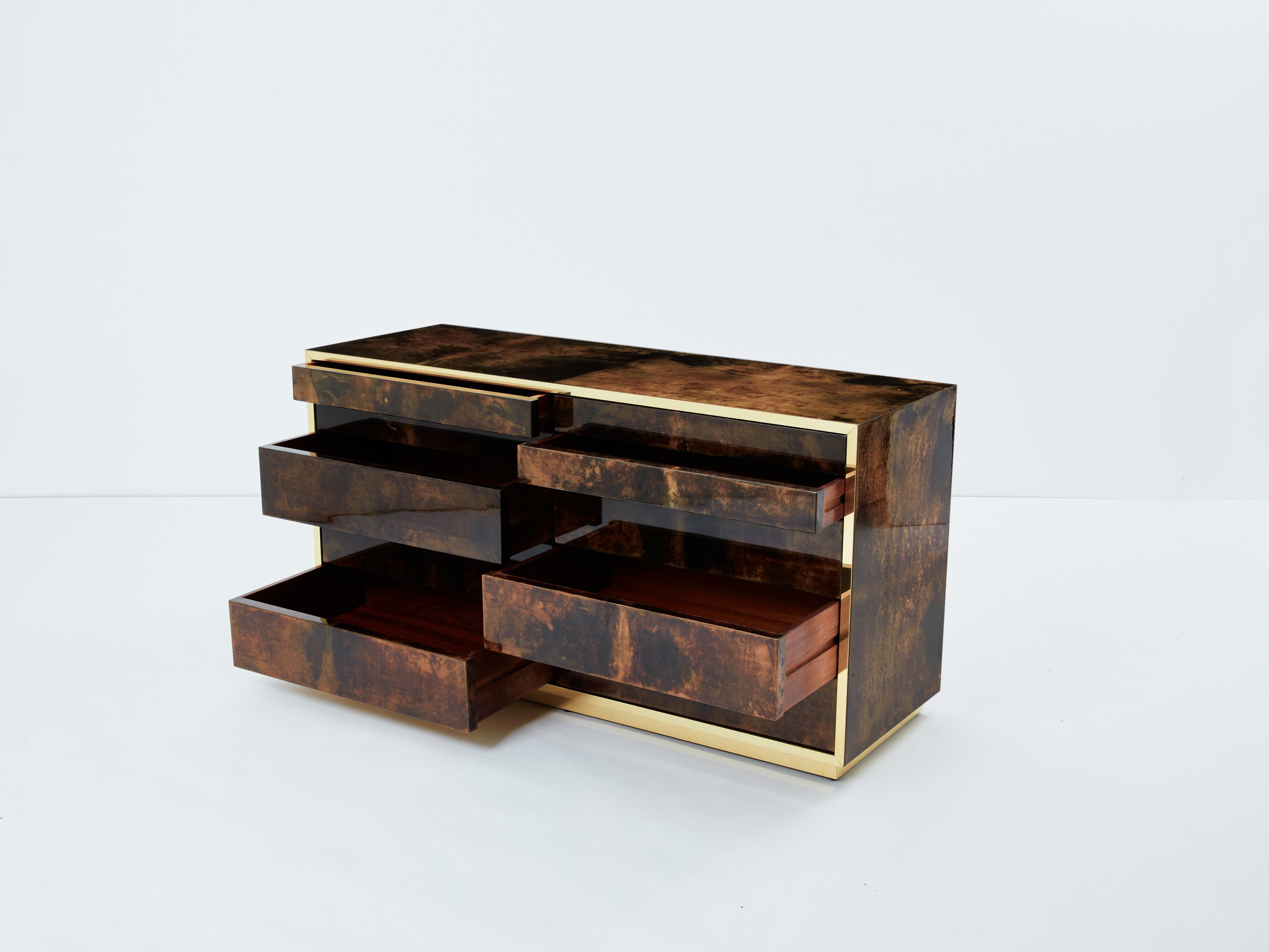 Aldo Tura brown goatskin parchment brass commode 1960s