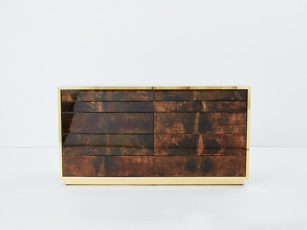 Aldo Tura brown goatskin parchment brass commode 1960s
