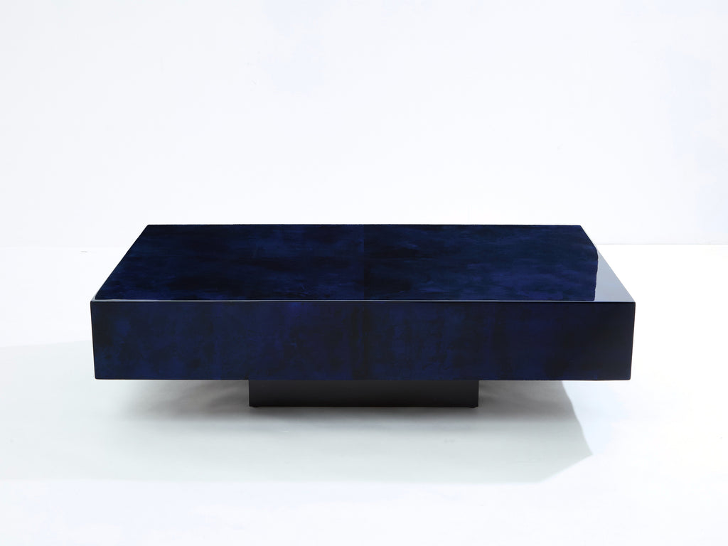 Dark blue goatskin parchment coffee table by Aldo Tura 1960s