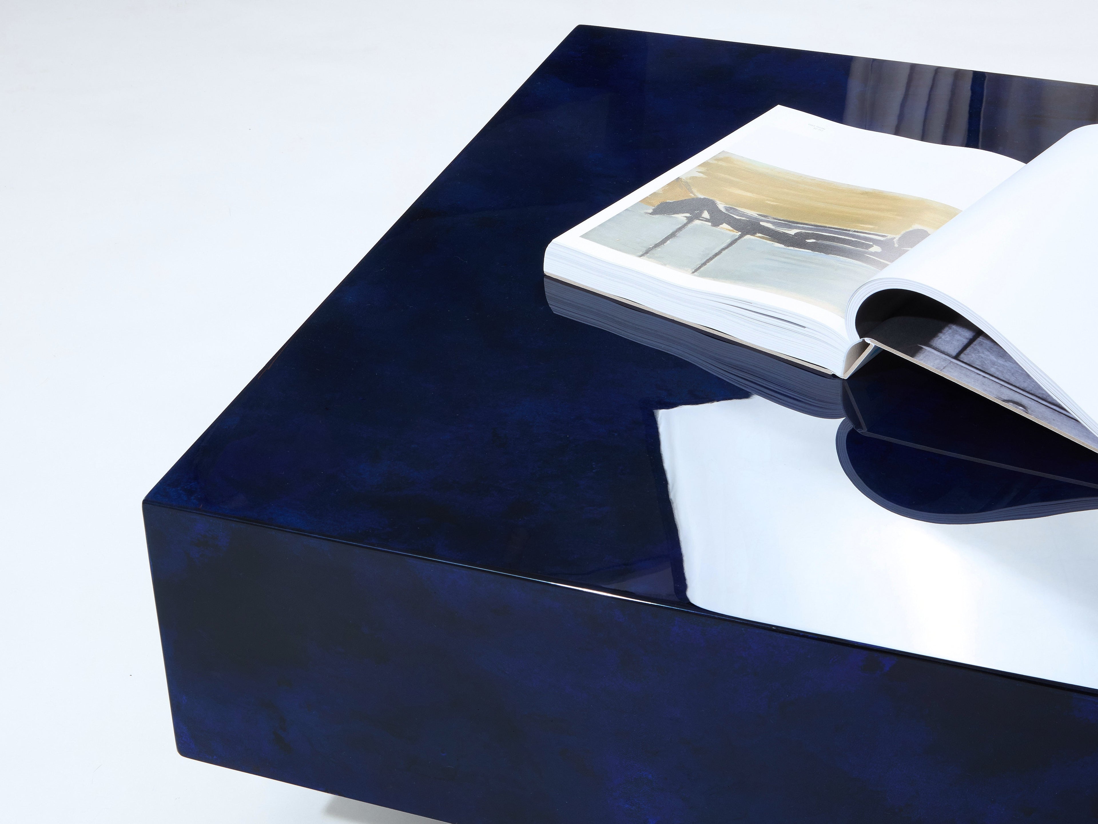 Dark blue goatskin parchment coffee table by Aldo Tura 1960s