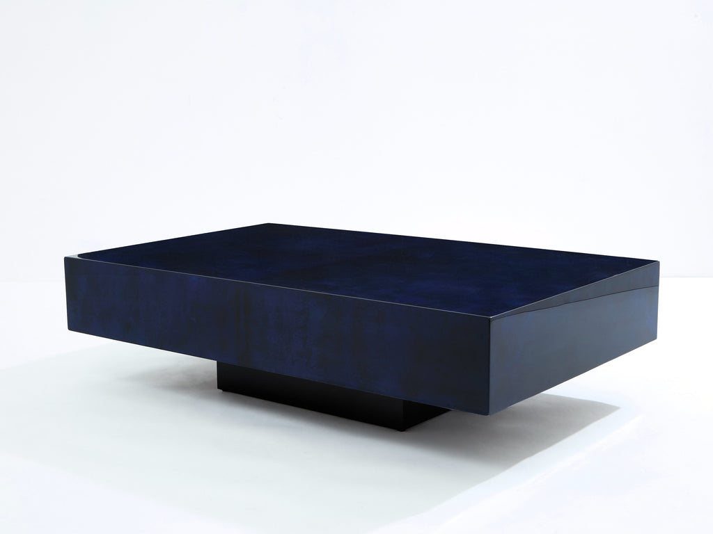 Dark blue goatskin parchment coffee table by Aldo Tura 1960s