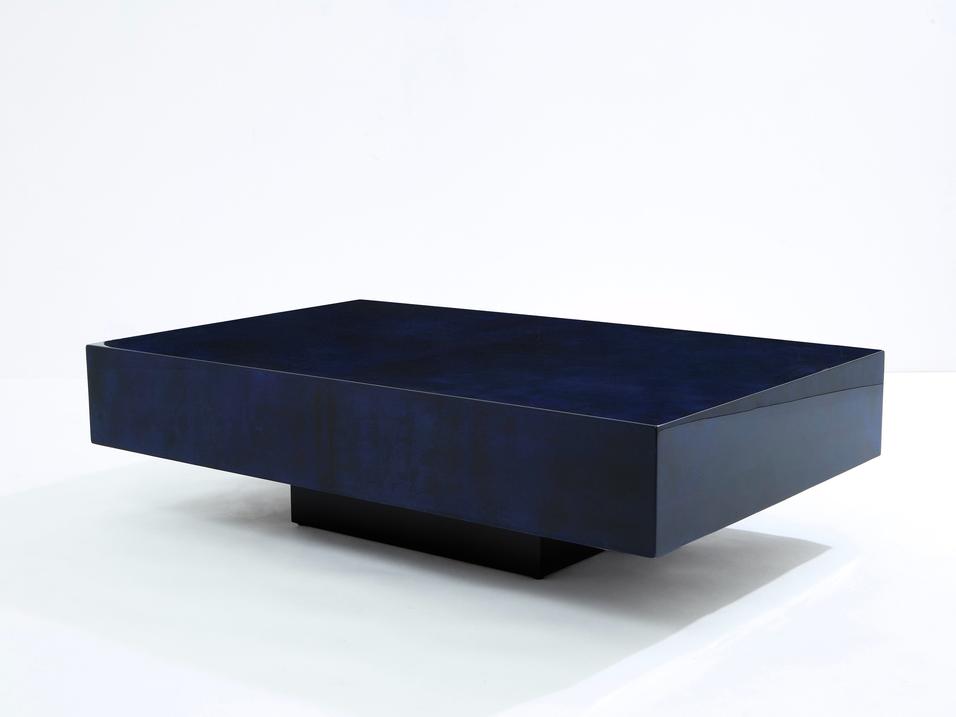 Dark blue goatskin parchment coffee table by Aldo Tura 1960s
