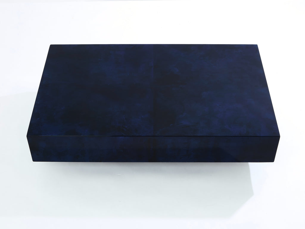 Dark blue goatskin parchment coffee table by Aldo Tura 1960s