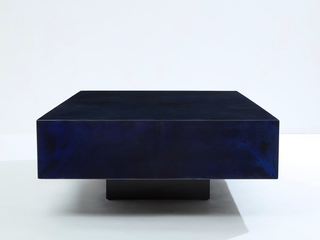 Dark blue goatskin parchment coffee table by Aldo Tura 1960s