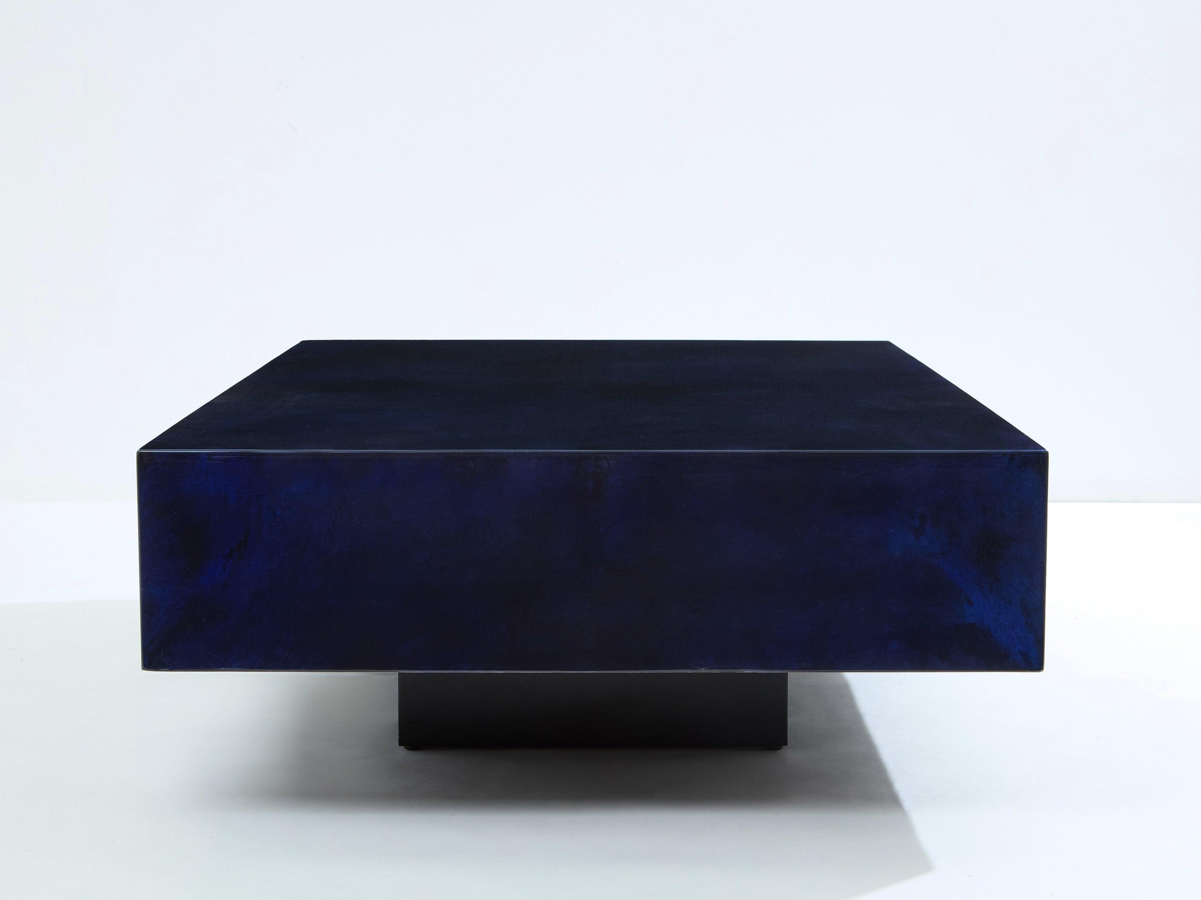 Dark blue goatskin parchment coffee table by Aldo Tura 1960s