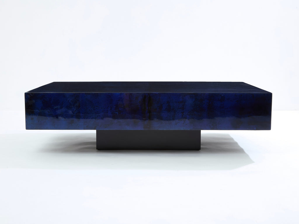 Dark blue goatskin parchment coffee table by Aldo Tura 1960s