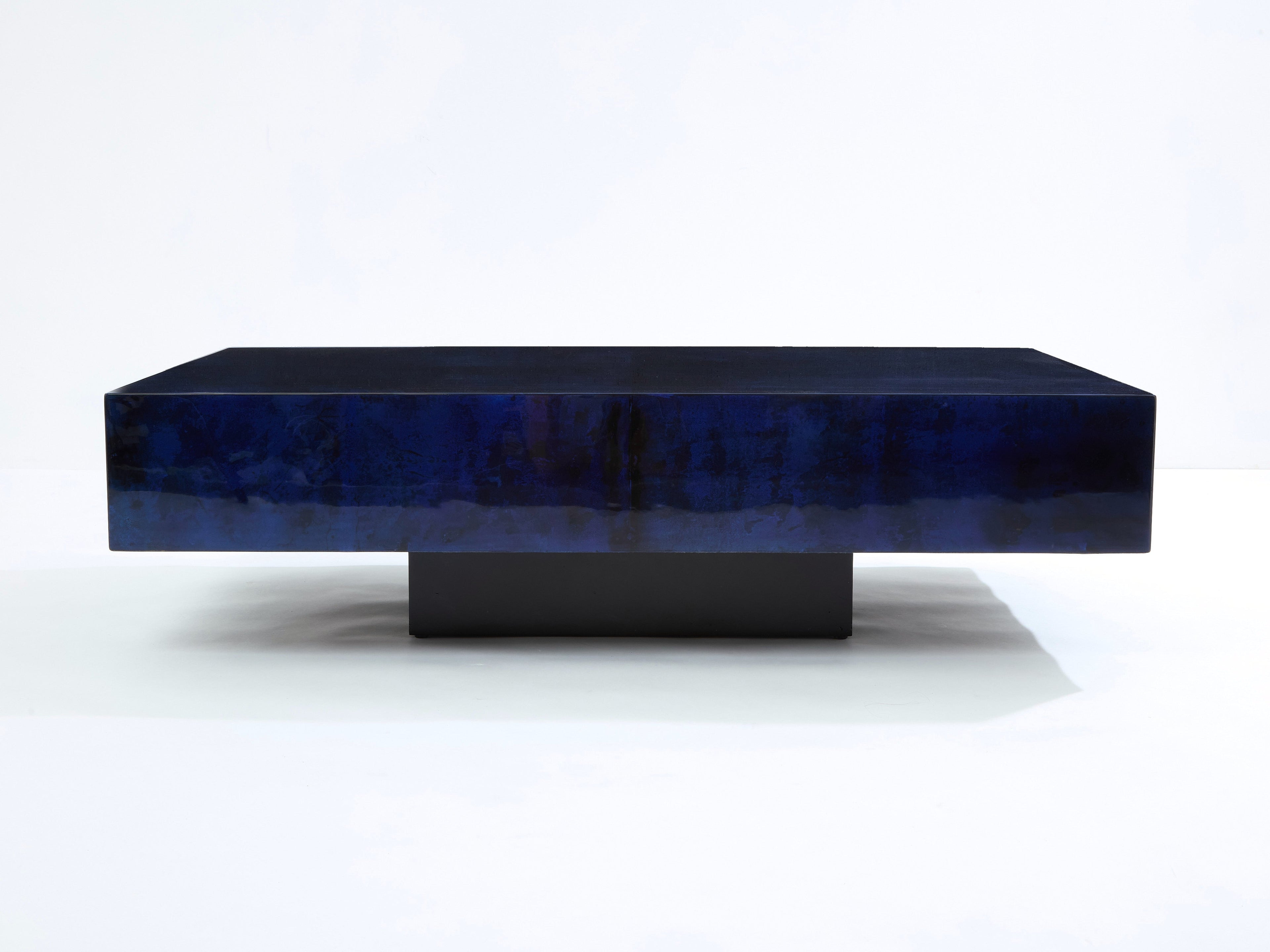 Dark blue goatskin parchment coffee table by Aldo Tura 1960s