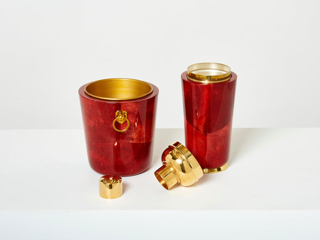 Aldo Tura goatskin brass ice bucket cocktail shaker bar set 1960