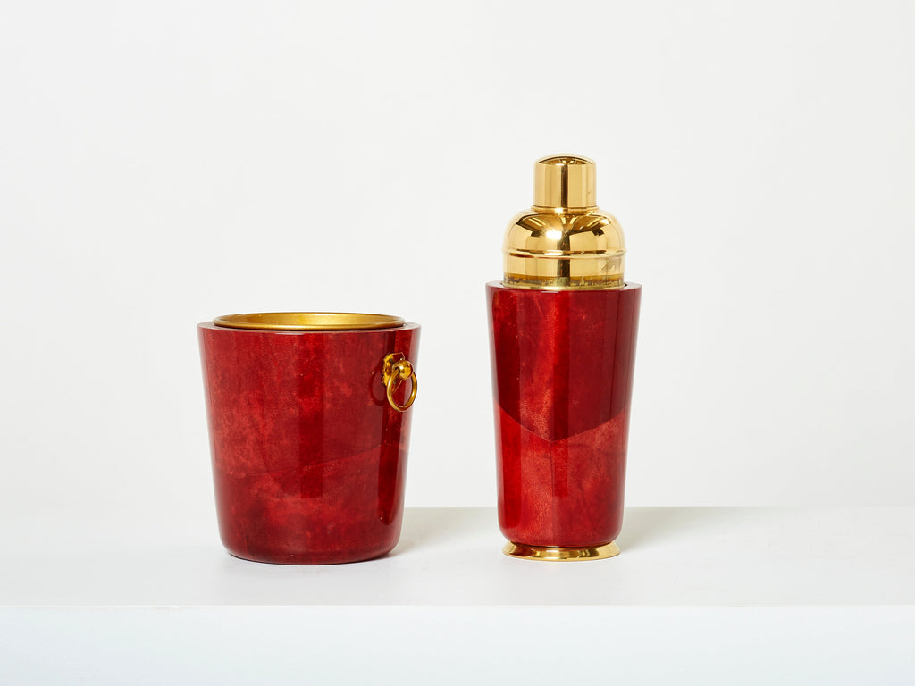 Aldo Tura goatskin brass ice bucket cocktail shaker bar set 1960