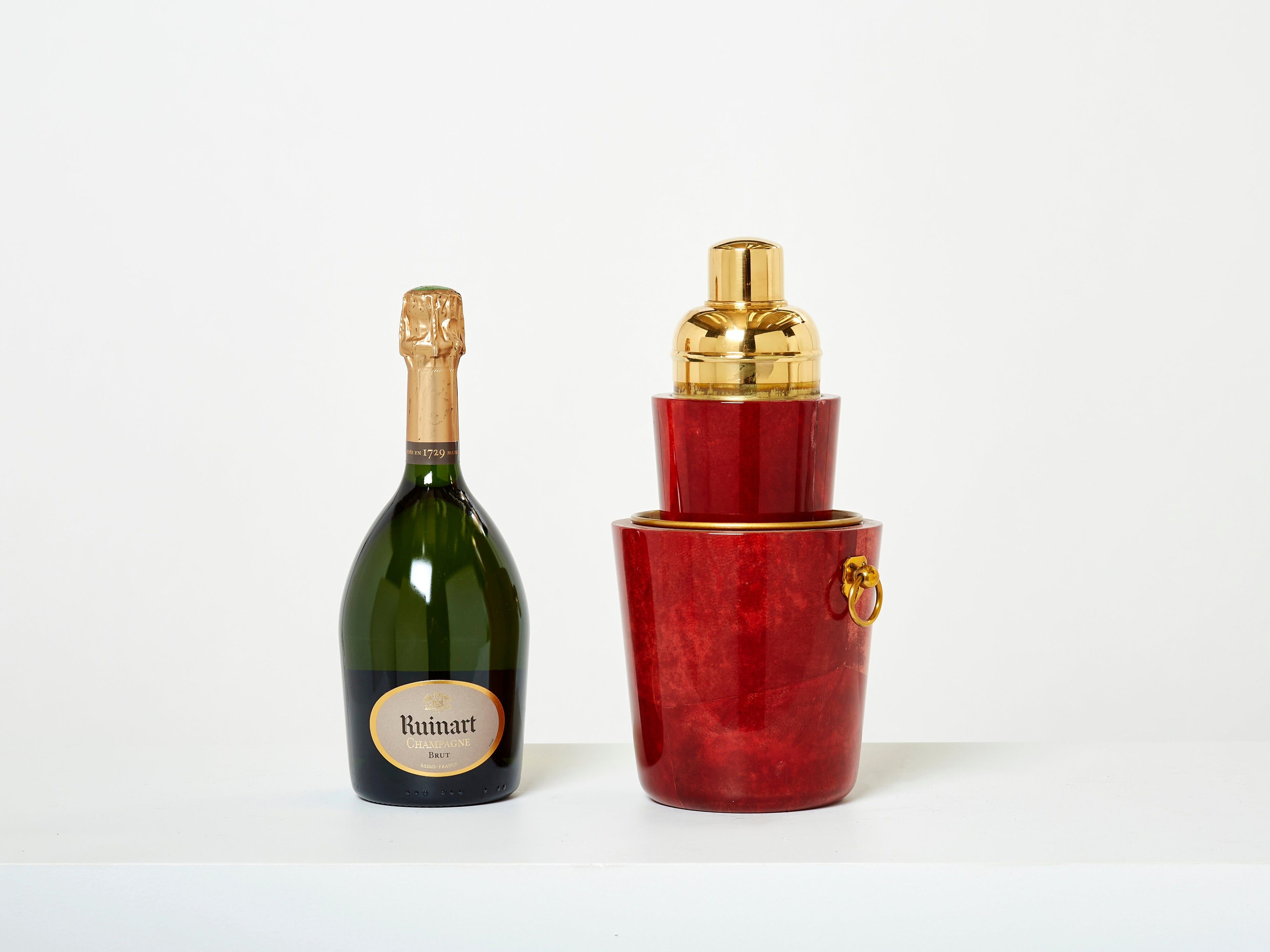 Aldo Tura goatskin brass ice bucket cocktail shaker bar set 1960