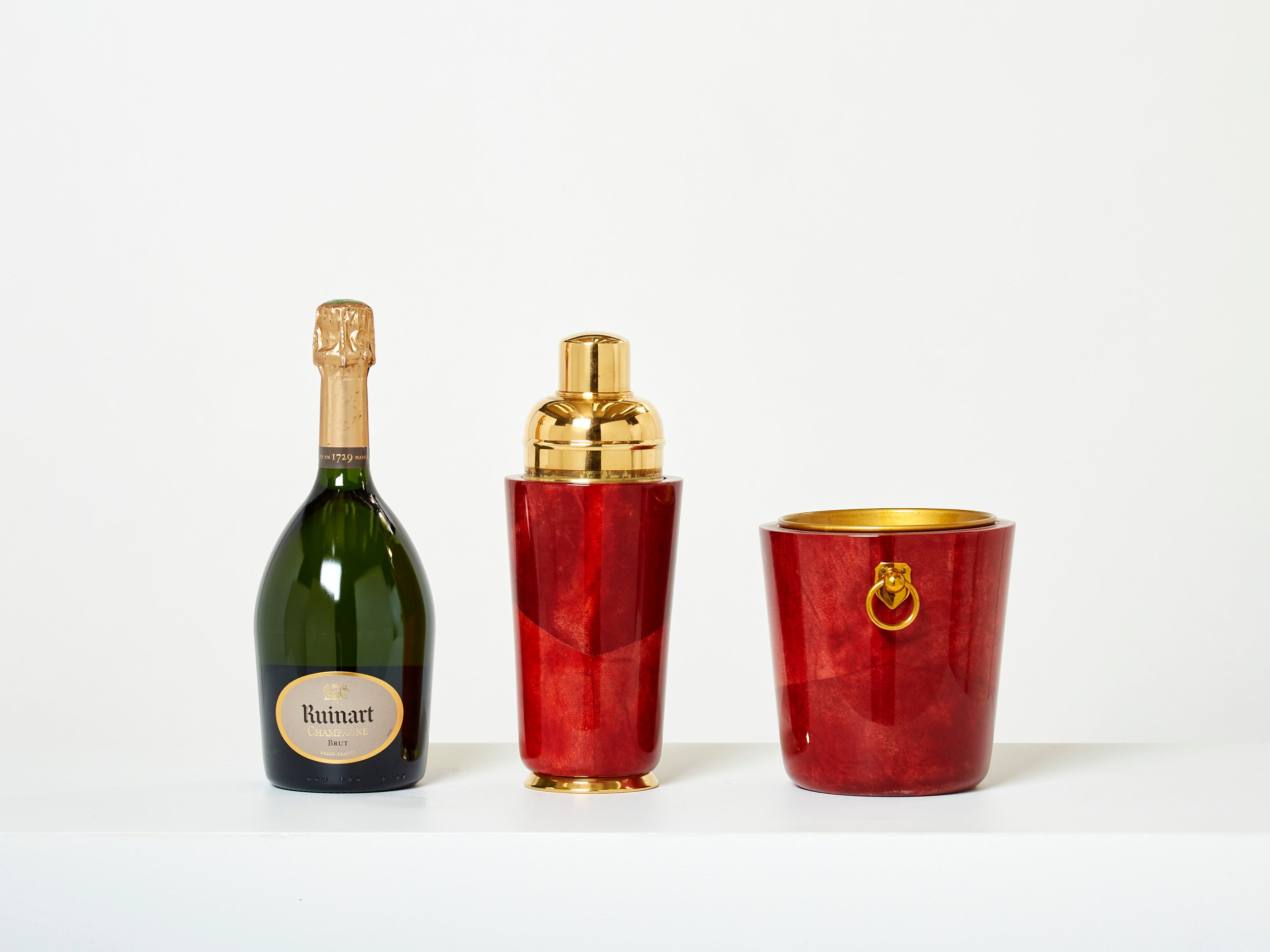 Aldo Tura goatskin brass ice bucket cocktail shaker bar set 1960