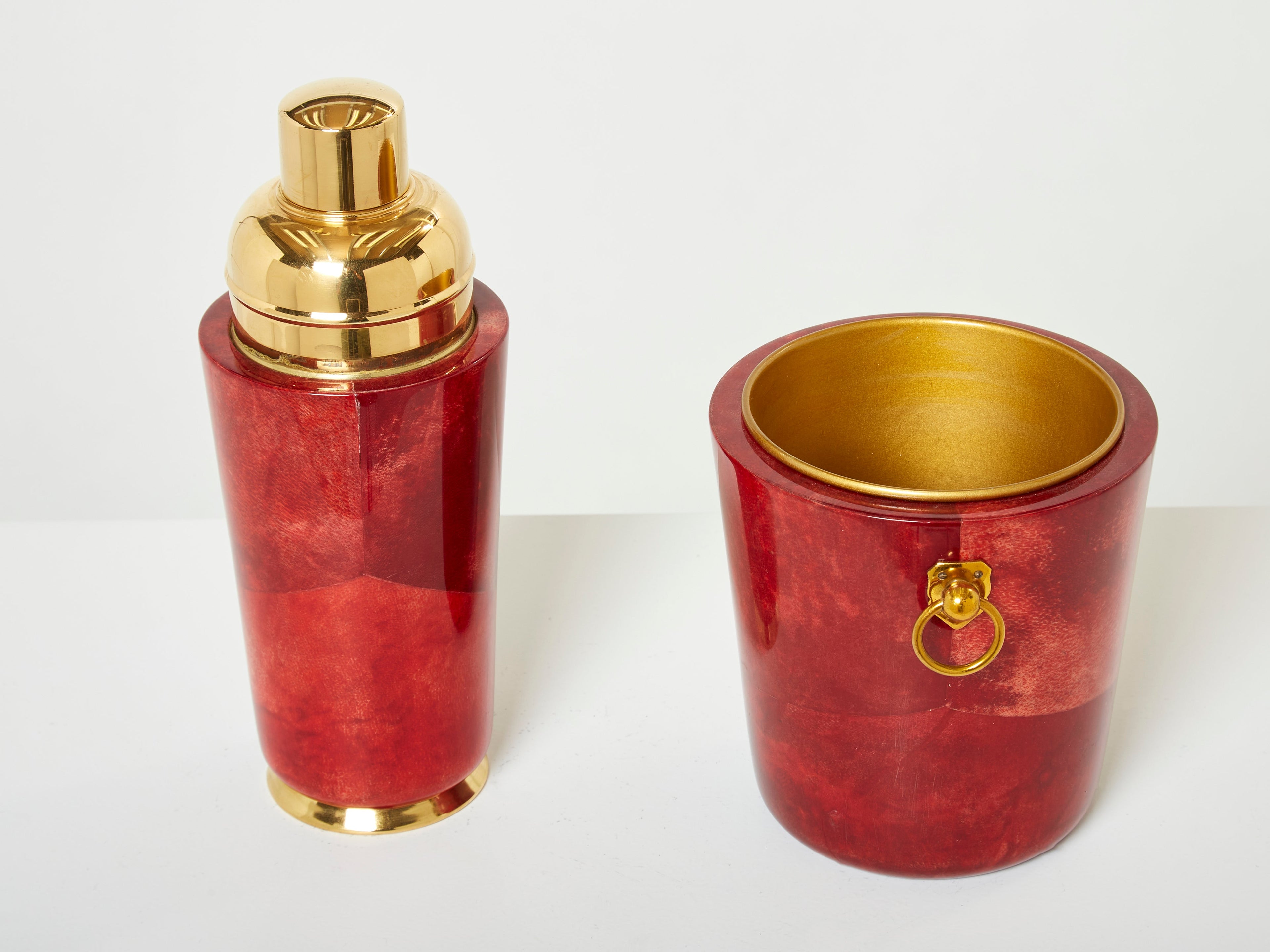 Aldo Tura goatskin brass ice bucket cocktail shaker bar set 1960