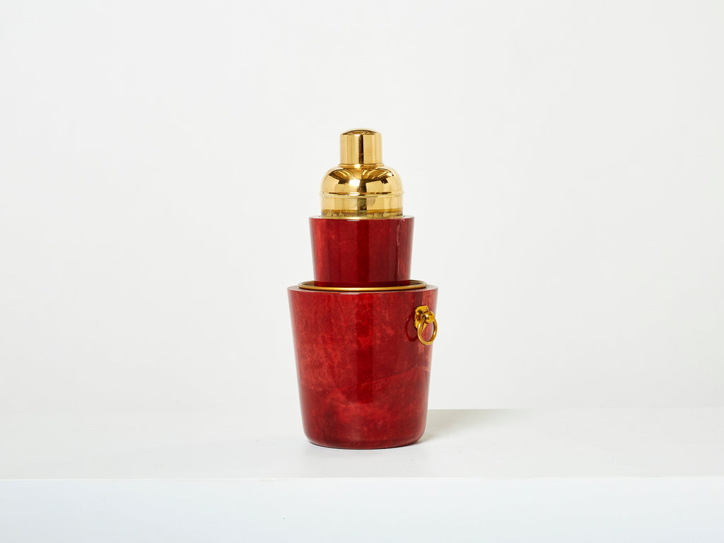 Aldo Tura goatskin brass ice bucket cocktail shaker bar set 1960