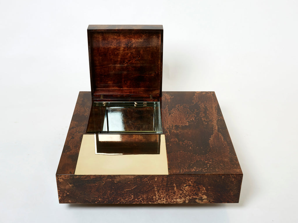 Aldo Tura goatskin parchment brass bar coffee table 1960