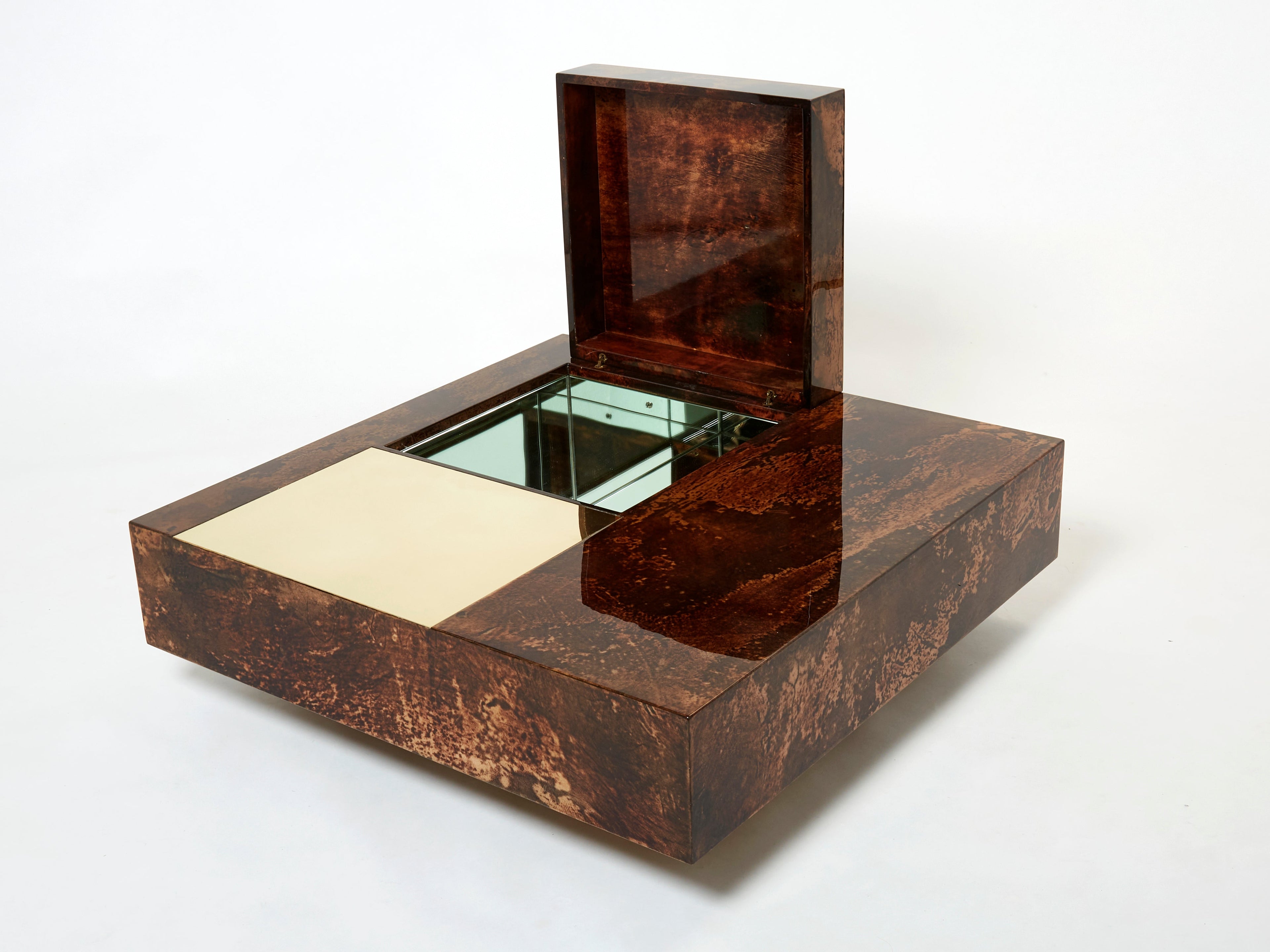 Aldo Tura goatskin parchment brass bar coffee table 1960