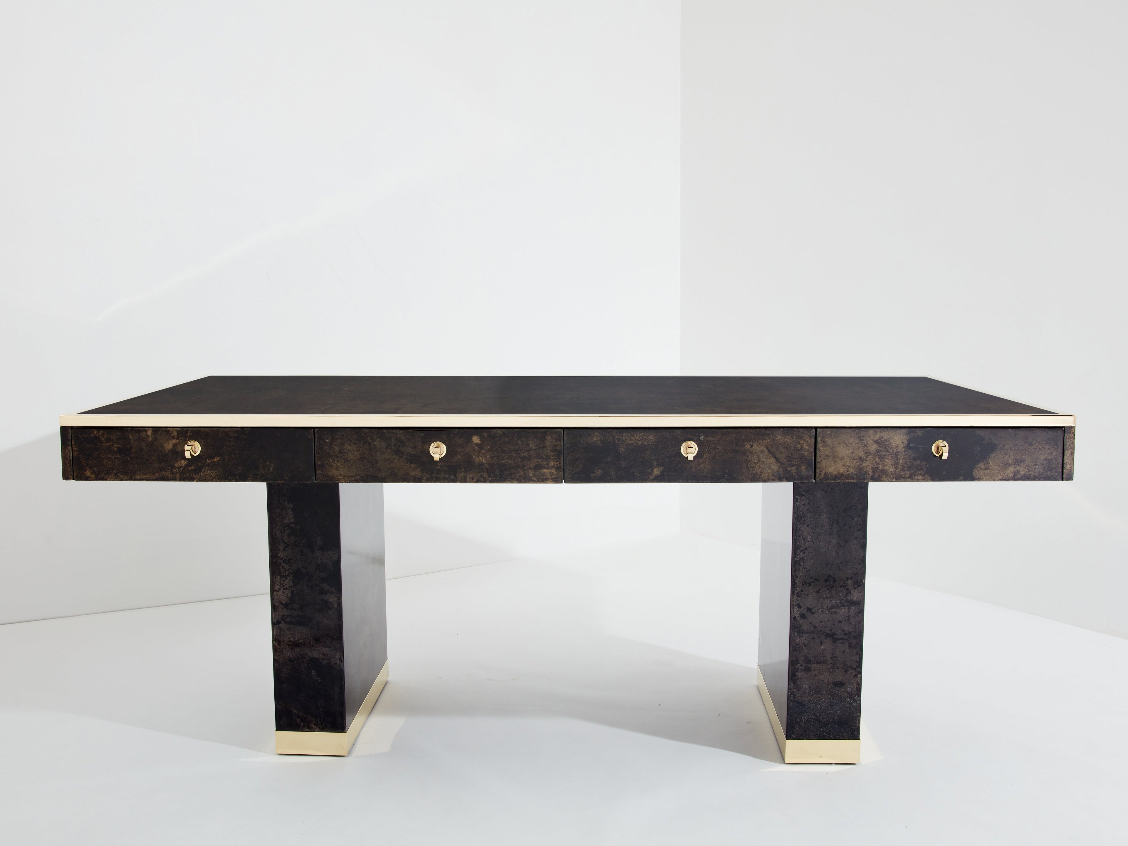 Aldo Tura large desk brown goatskin parchment brass 1960s