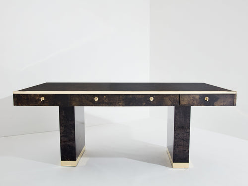 Aldo Tura large desk brown goatskin parchment brass 1960s