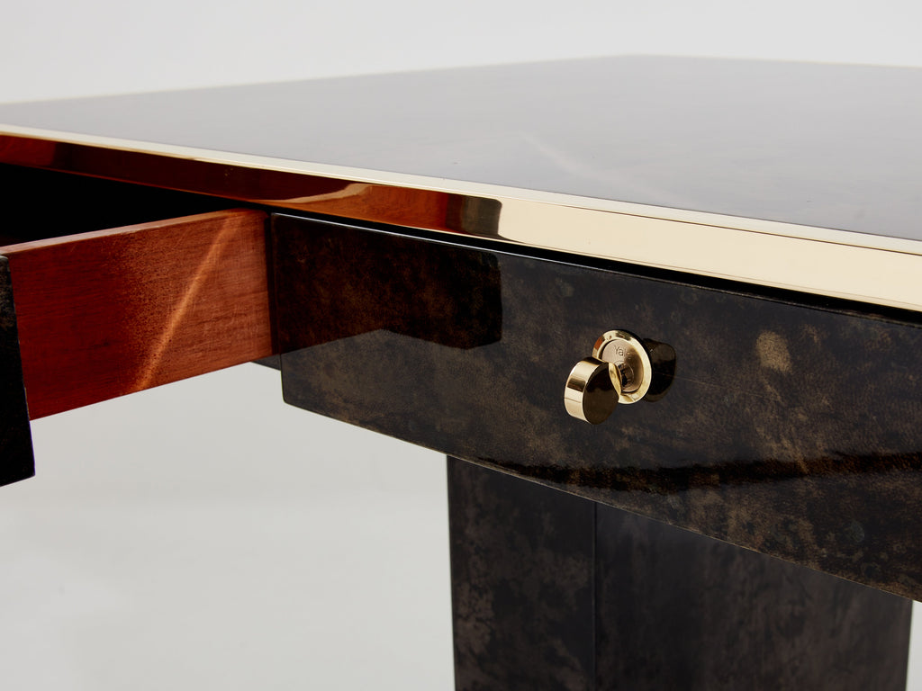 Aldo Tura large desk brown goatskin parchment brass 1960s