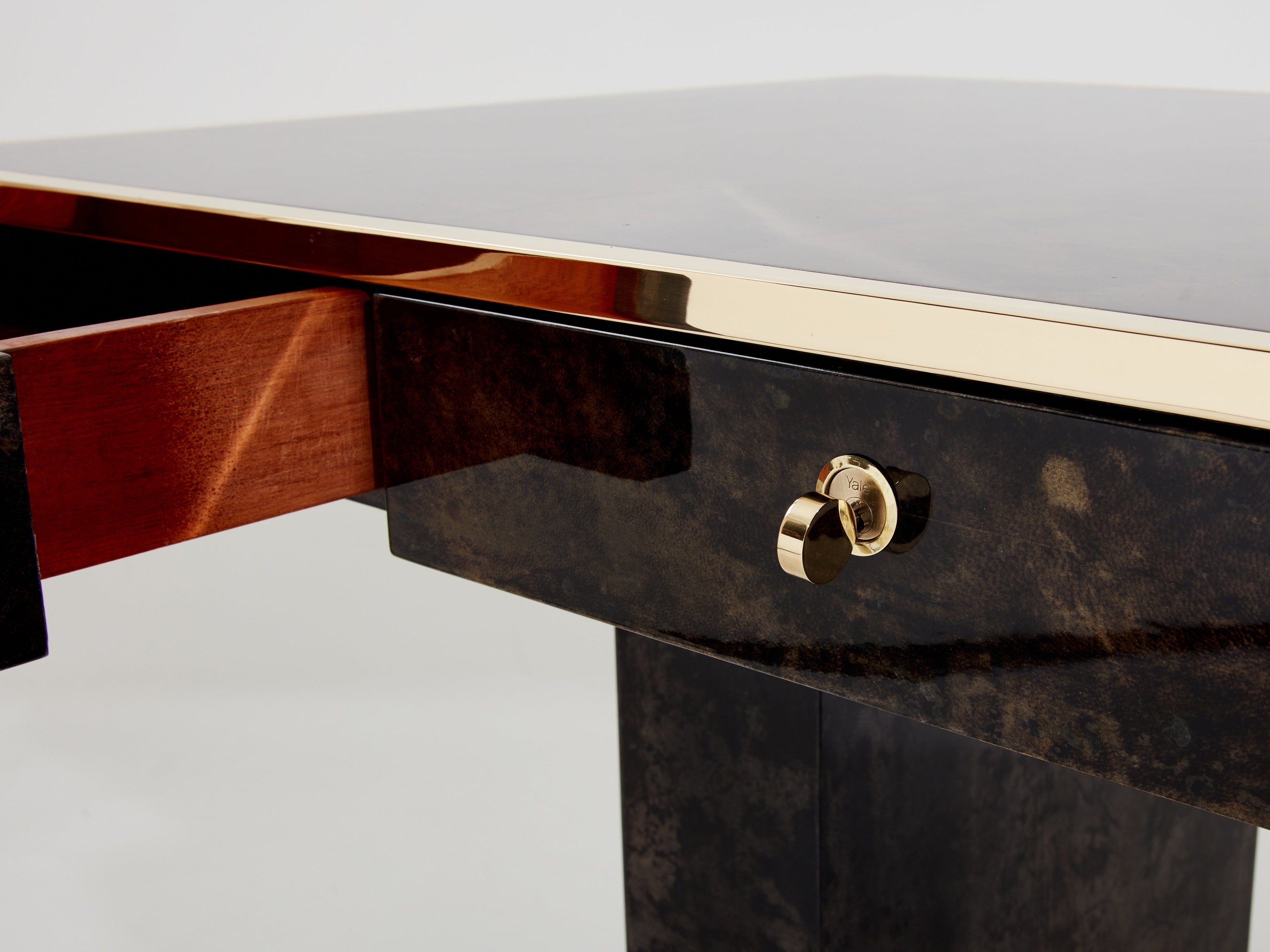 Aldo Tura large desk brown goatskin parchment brass 1960s