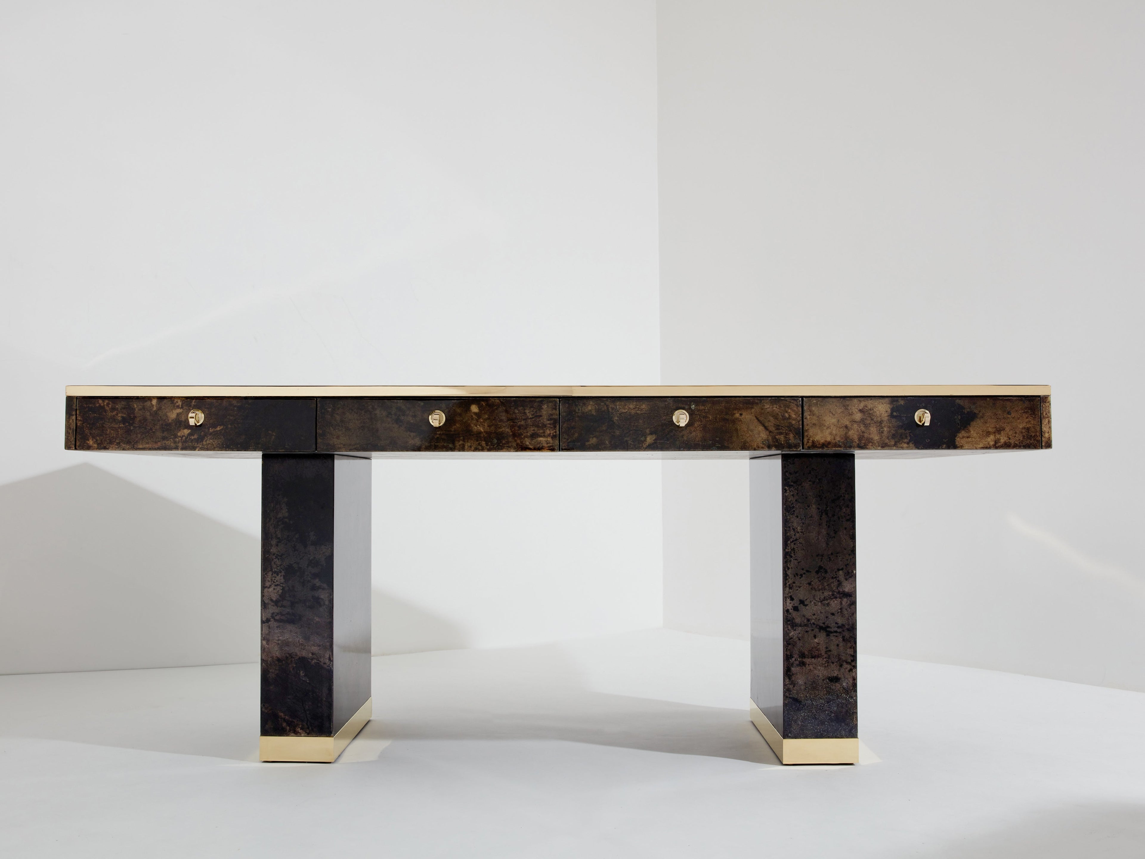 Aldo Tura large desk brown goatskin parchment brass 1960s