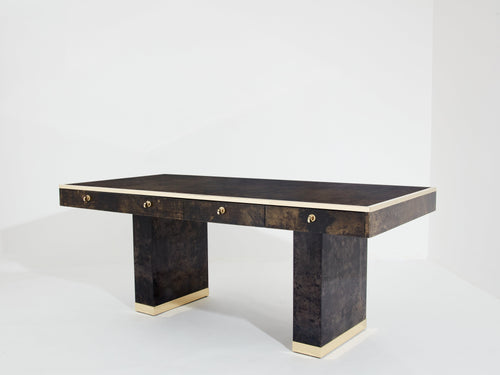 Aldo Tura large desk brown goatskin parchment brass 1960s