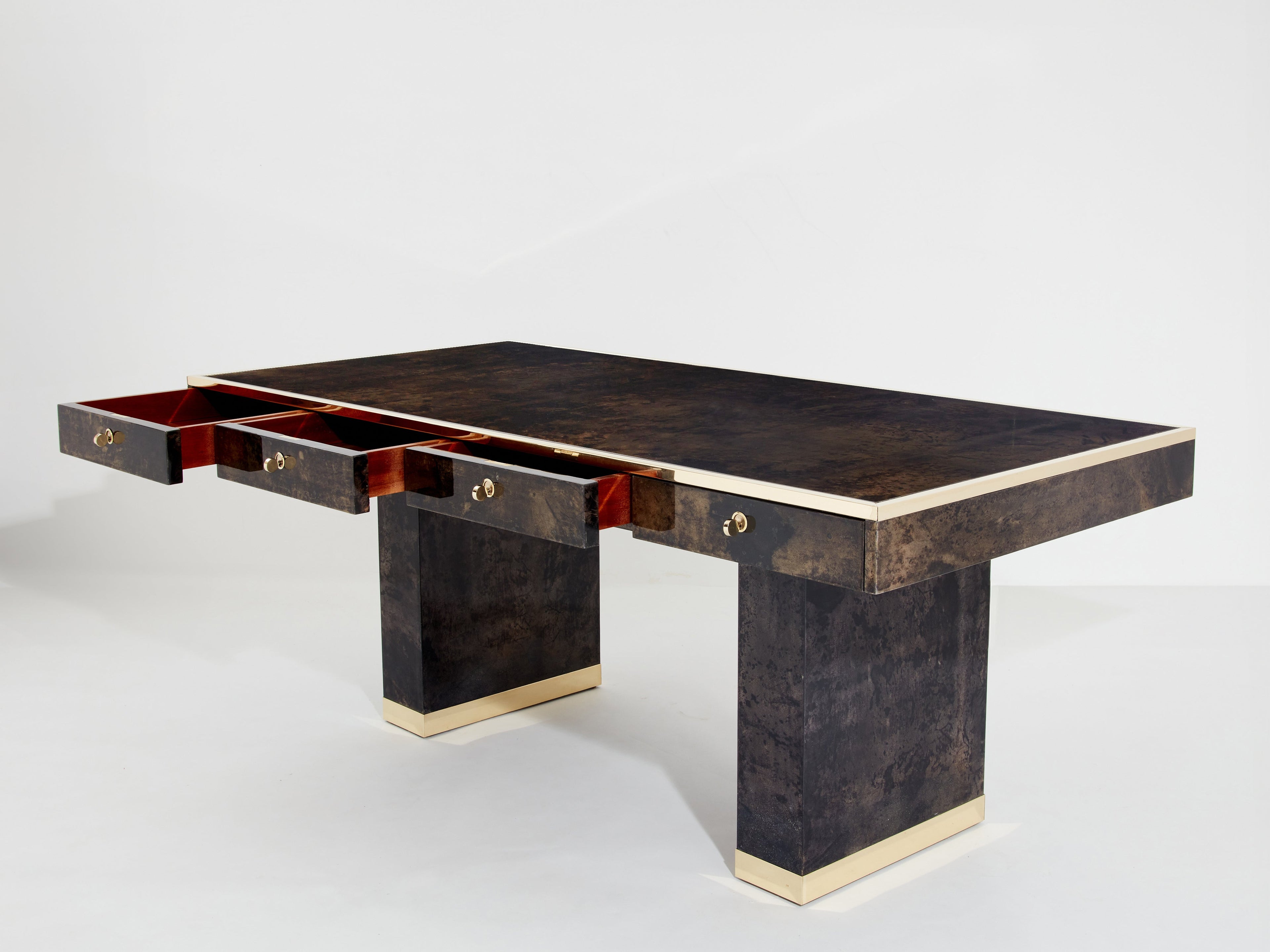 Aldo Tura large desk brown goatskin parchment brass 1960s