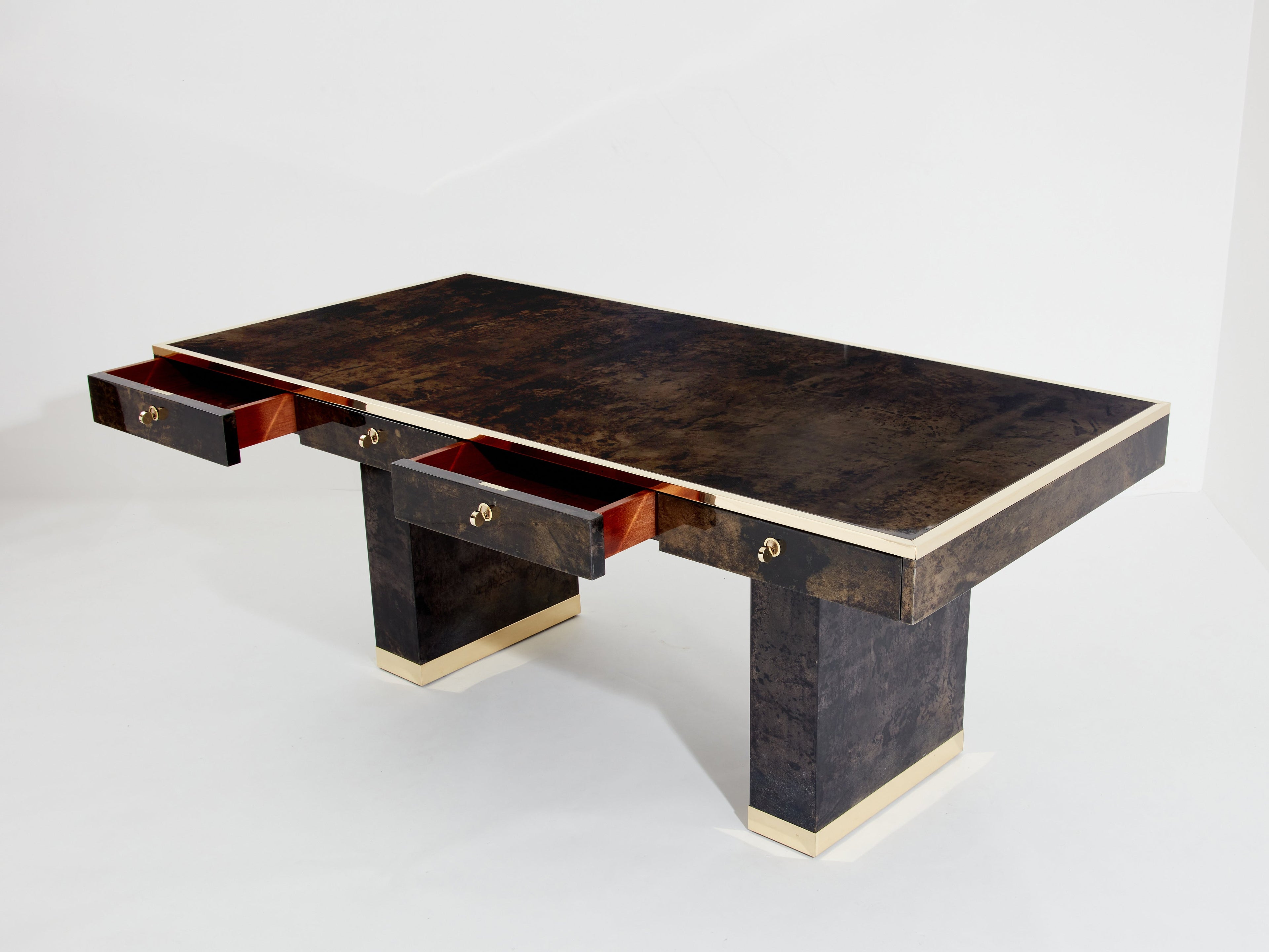 Aldo Tura large desk brown goatskin parchment brass 1960s
