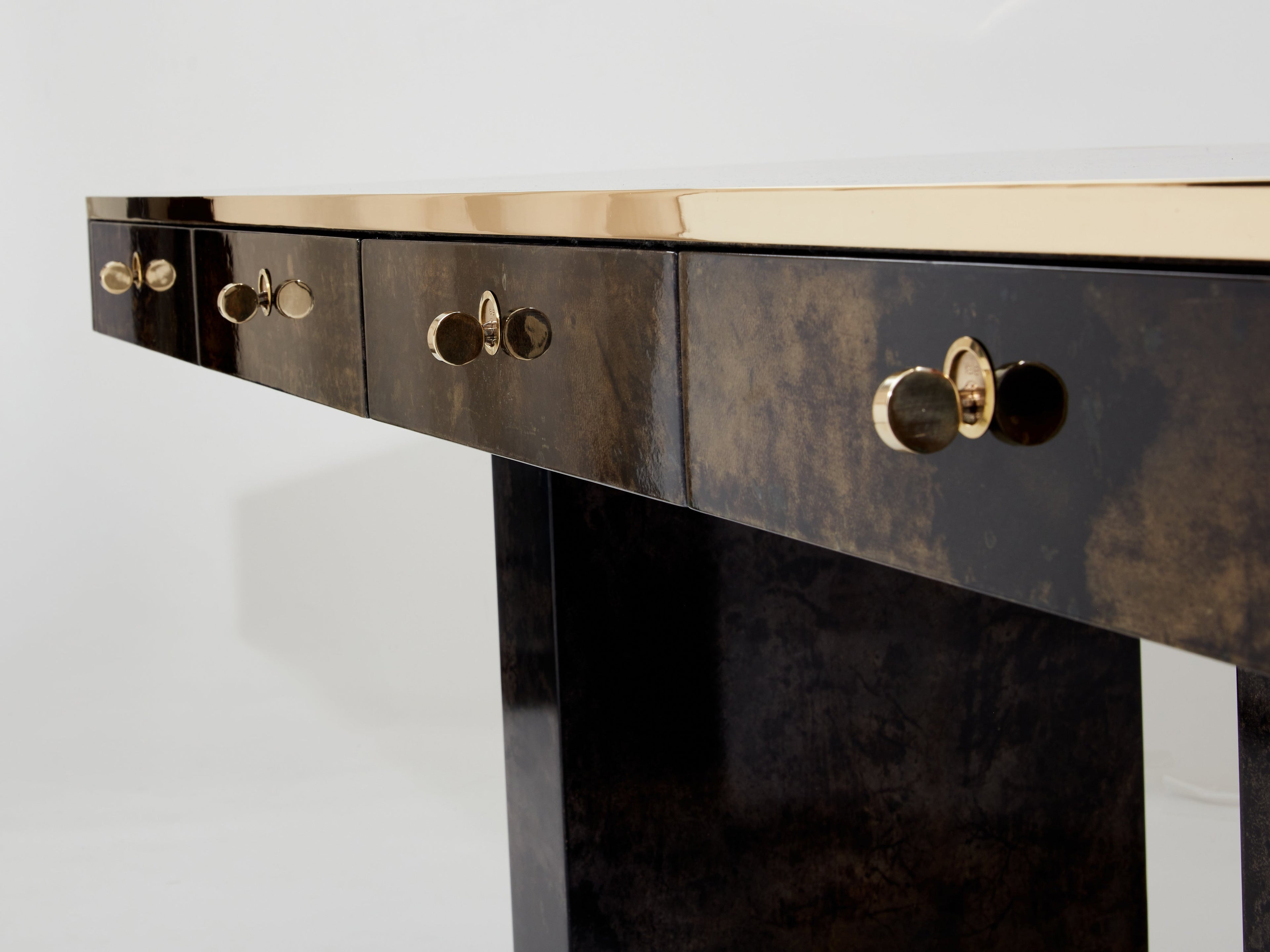 Aldo Tura large desk brown goatskin parchment brass 1960s