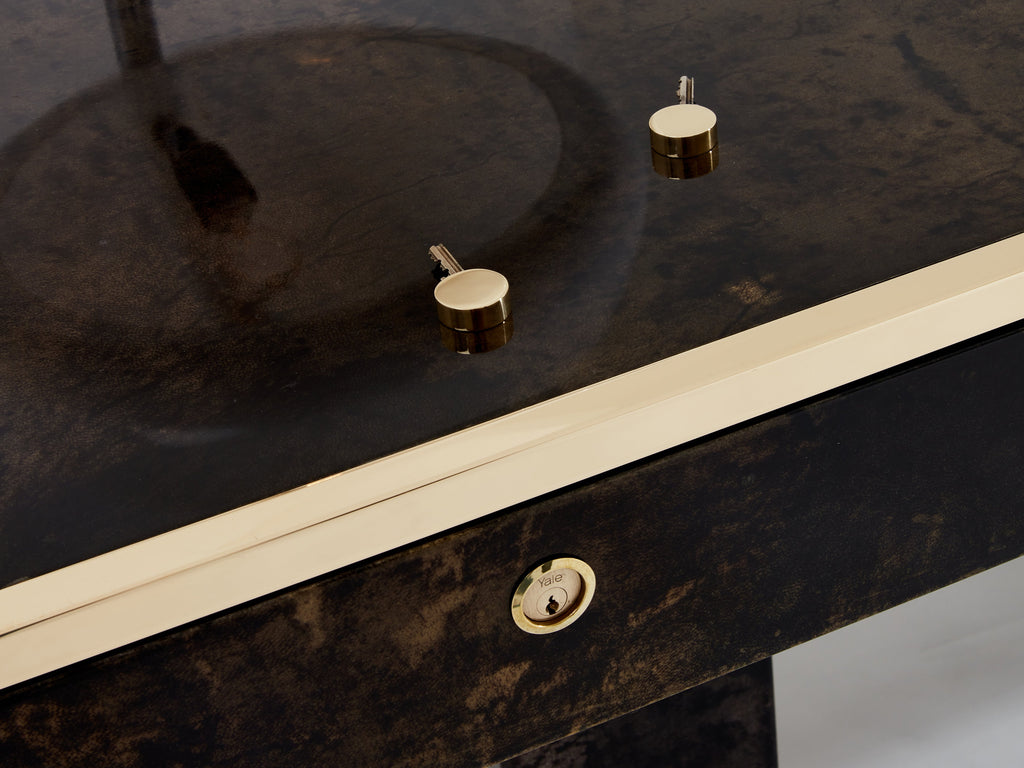 Aldo Tura large desk brown goatskin parchment brass 1960s
