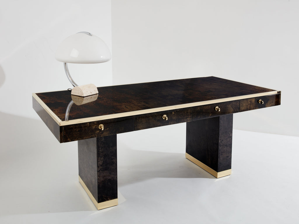 Aldo Tura large desk brown goatskin parchment brass 1960s