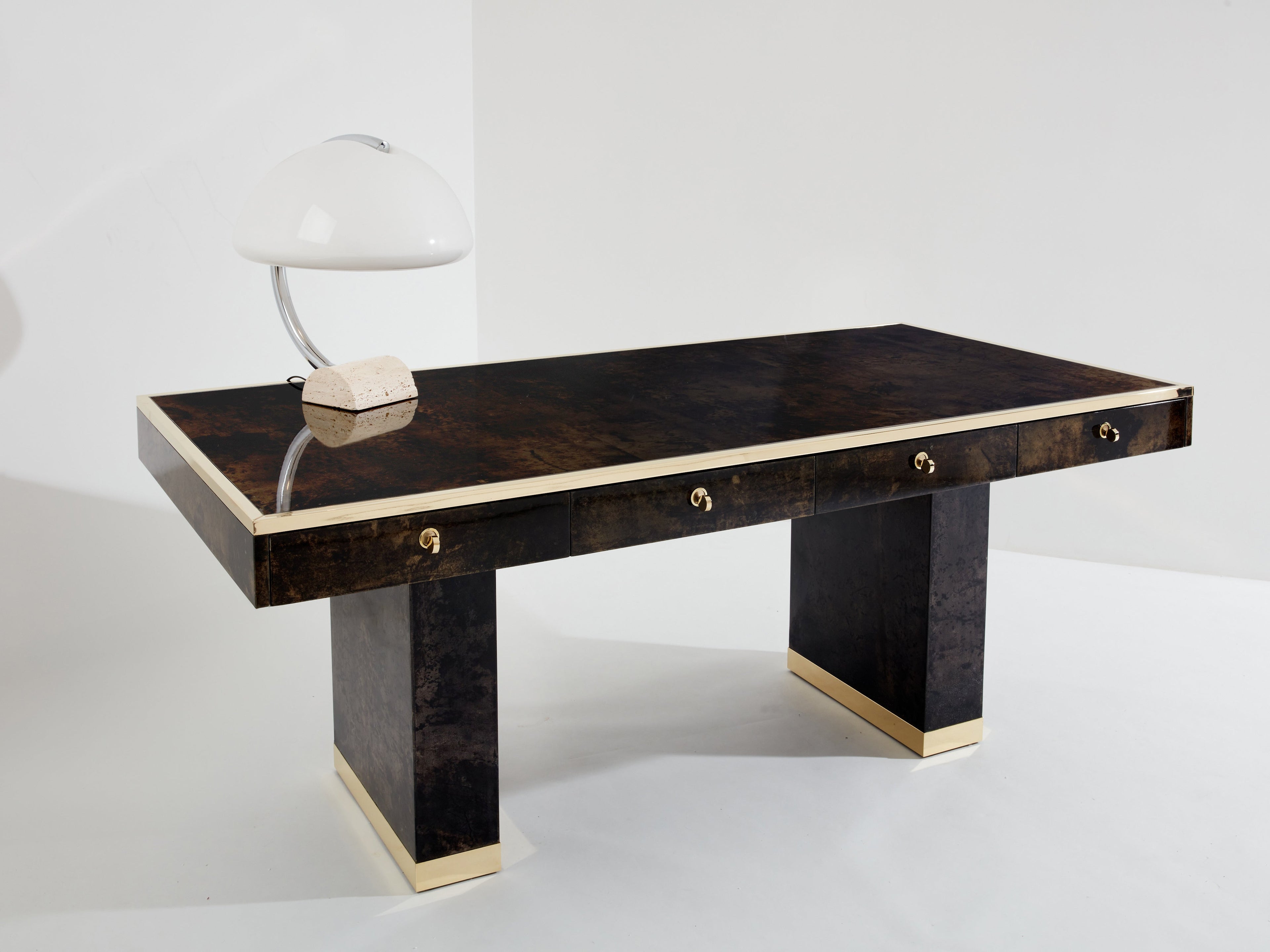 Aldo Tura large desk brown goatskin parchment brass 1960s