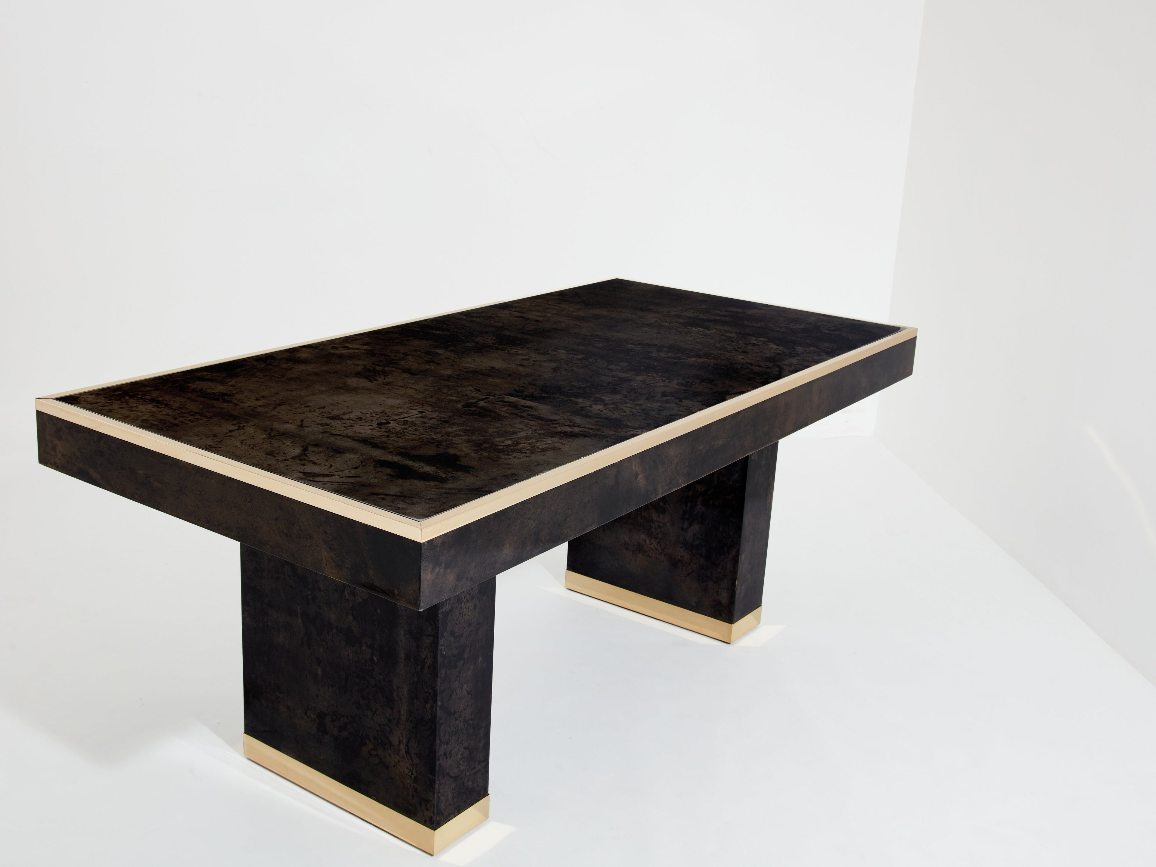 Aldo Tura large desk brown goatskin parchment brass 1960s