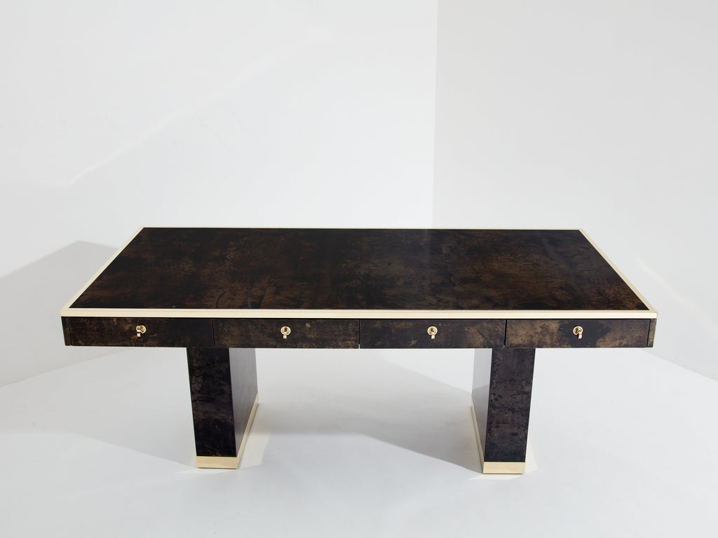Aldo Tura large desk brown goatskin parchment brass 1960s