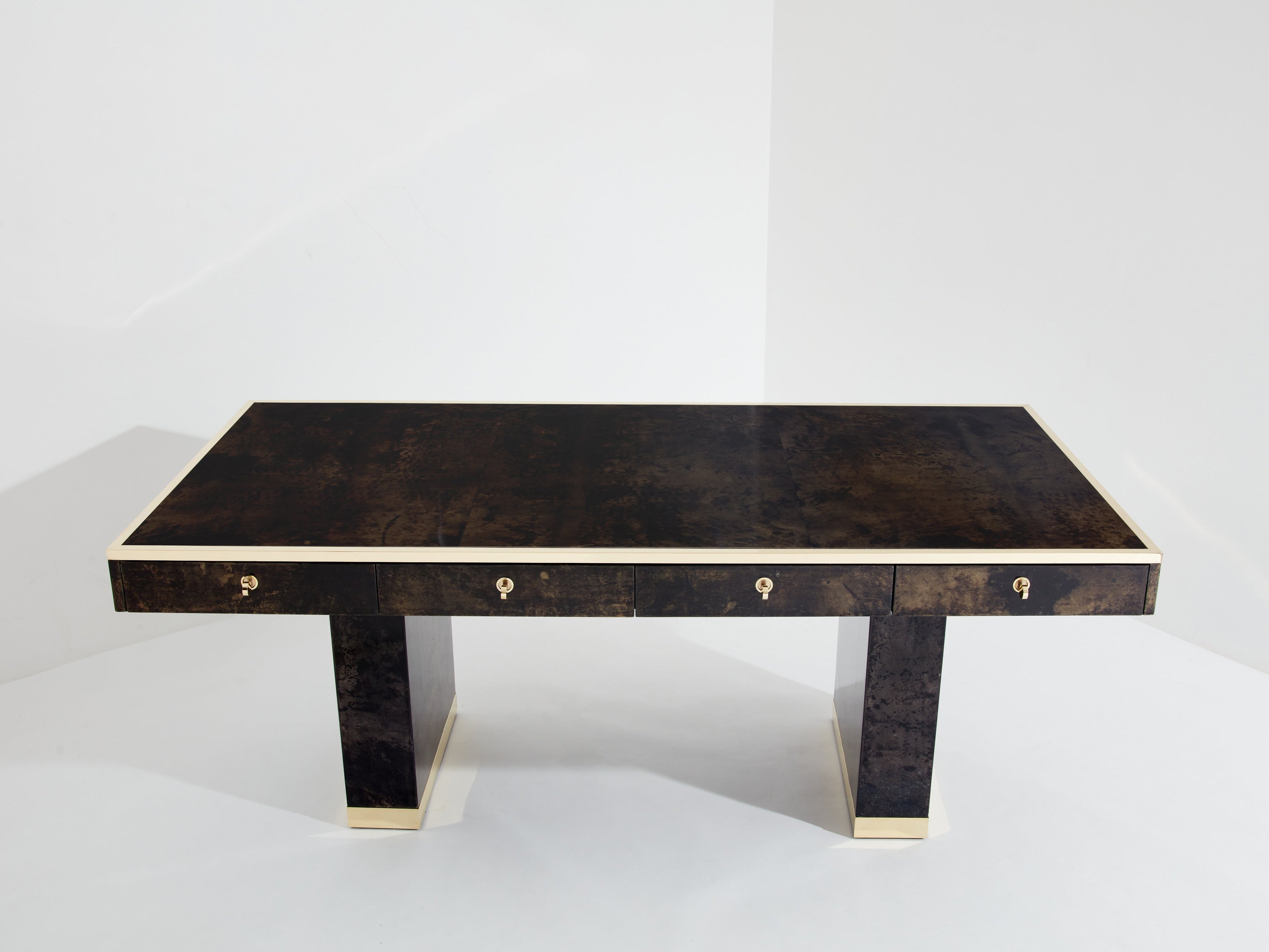 Aldo Tura large desk brown goatskin parchment brass 1960s