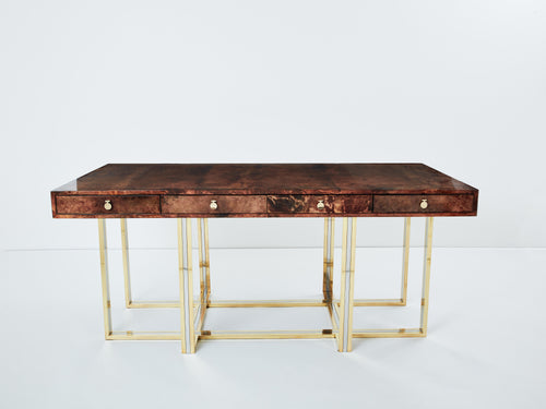 Aldo Tura large desk brown goatskin parchment brass chrome 1960s