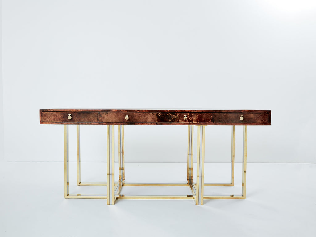 Aldo Tura large desk brown goatskin parchment brass chrome 1960s