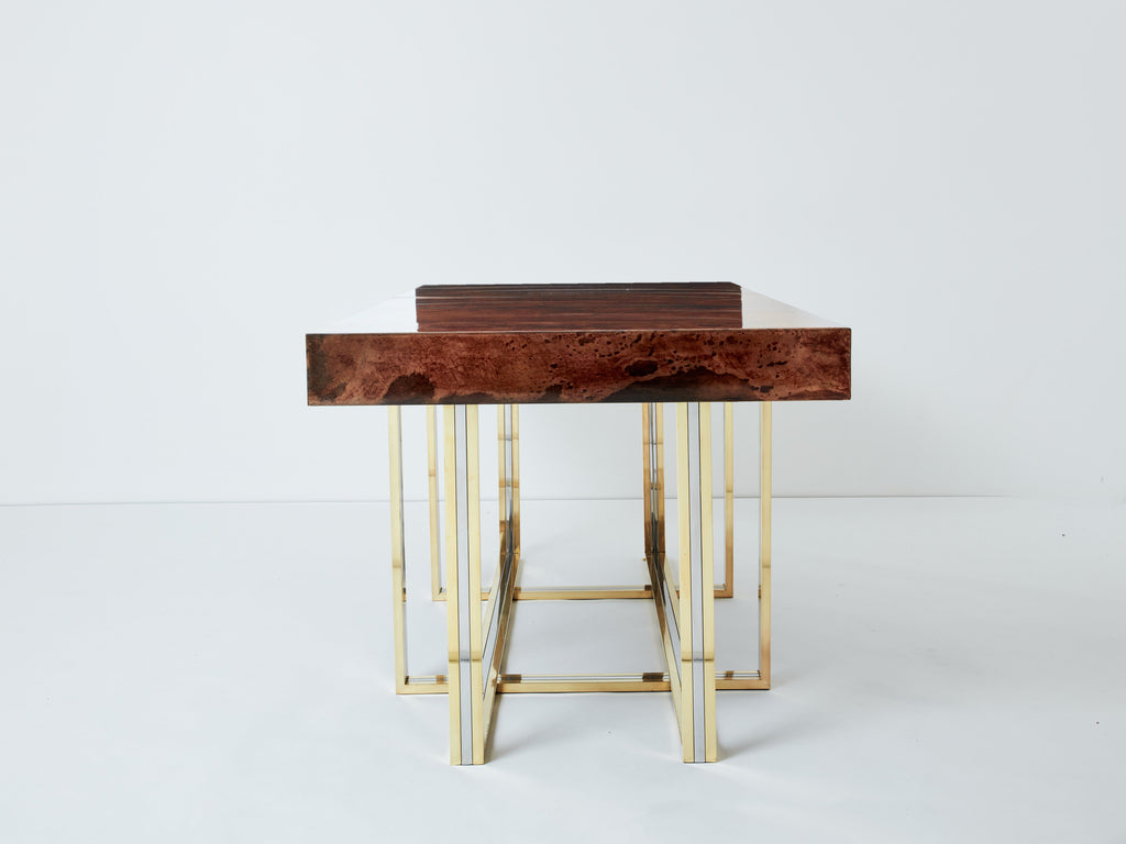 Aldo Tura large desk brown goatskin parchment brass chrome 1960s