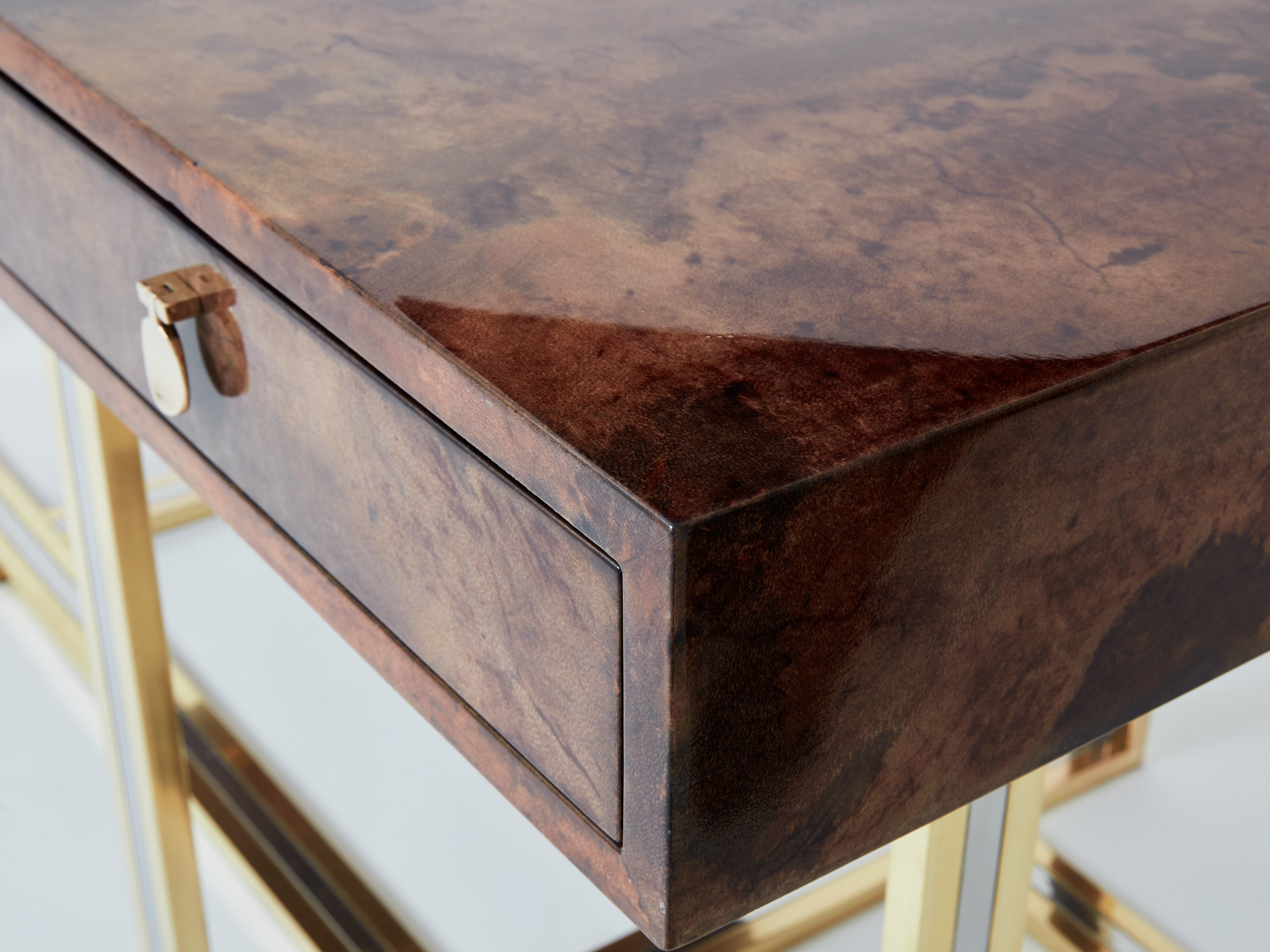 Aldo Tura large desk brown goatskin parchment brass chrome 1960s