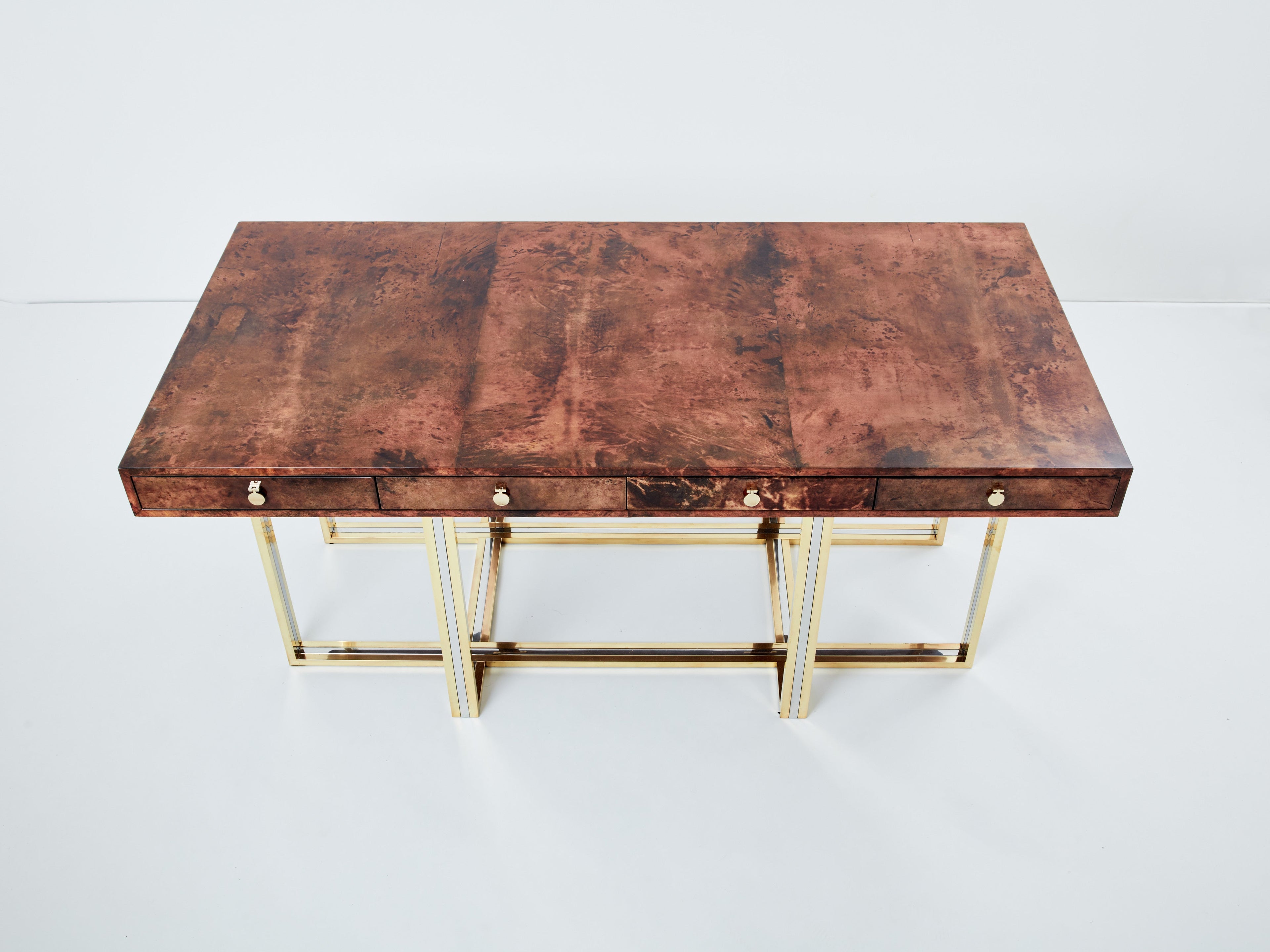 Aldo Tura large desk brown goatskin parchment brass chrome 1960s